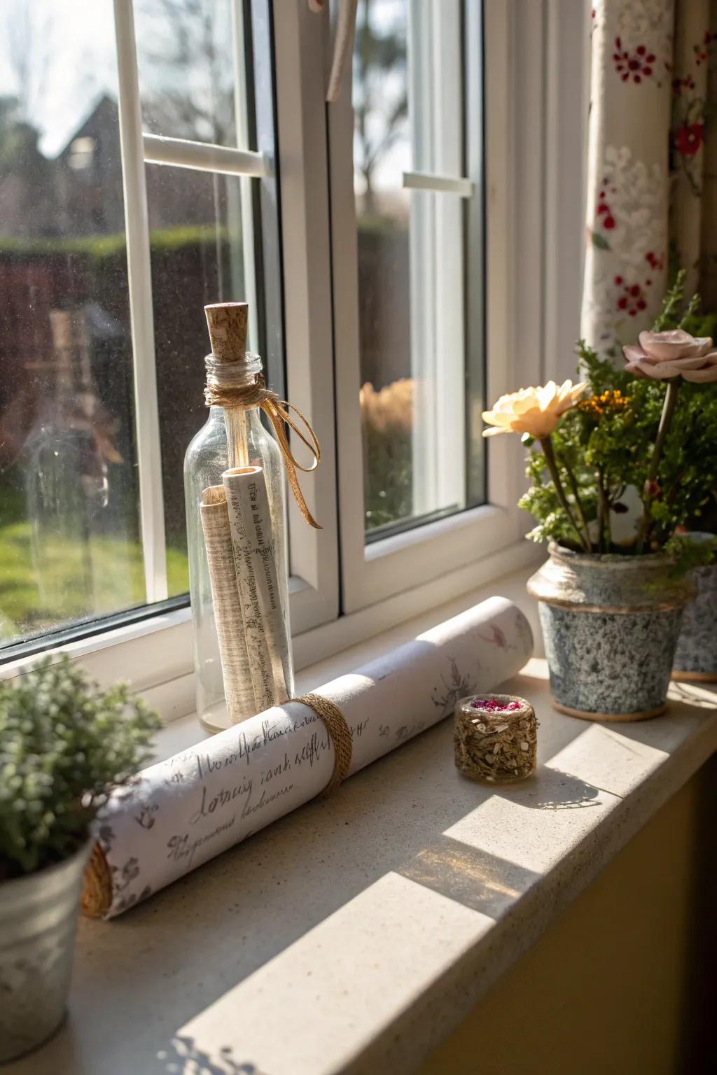 Whimsical vows in a glass catching sunlight on a windowsill.