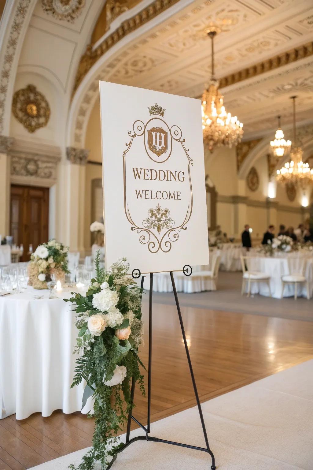A customized welcome board featuring a custom crest, adding a regal touch to an elegant wedding.