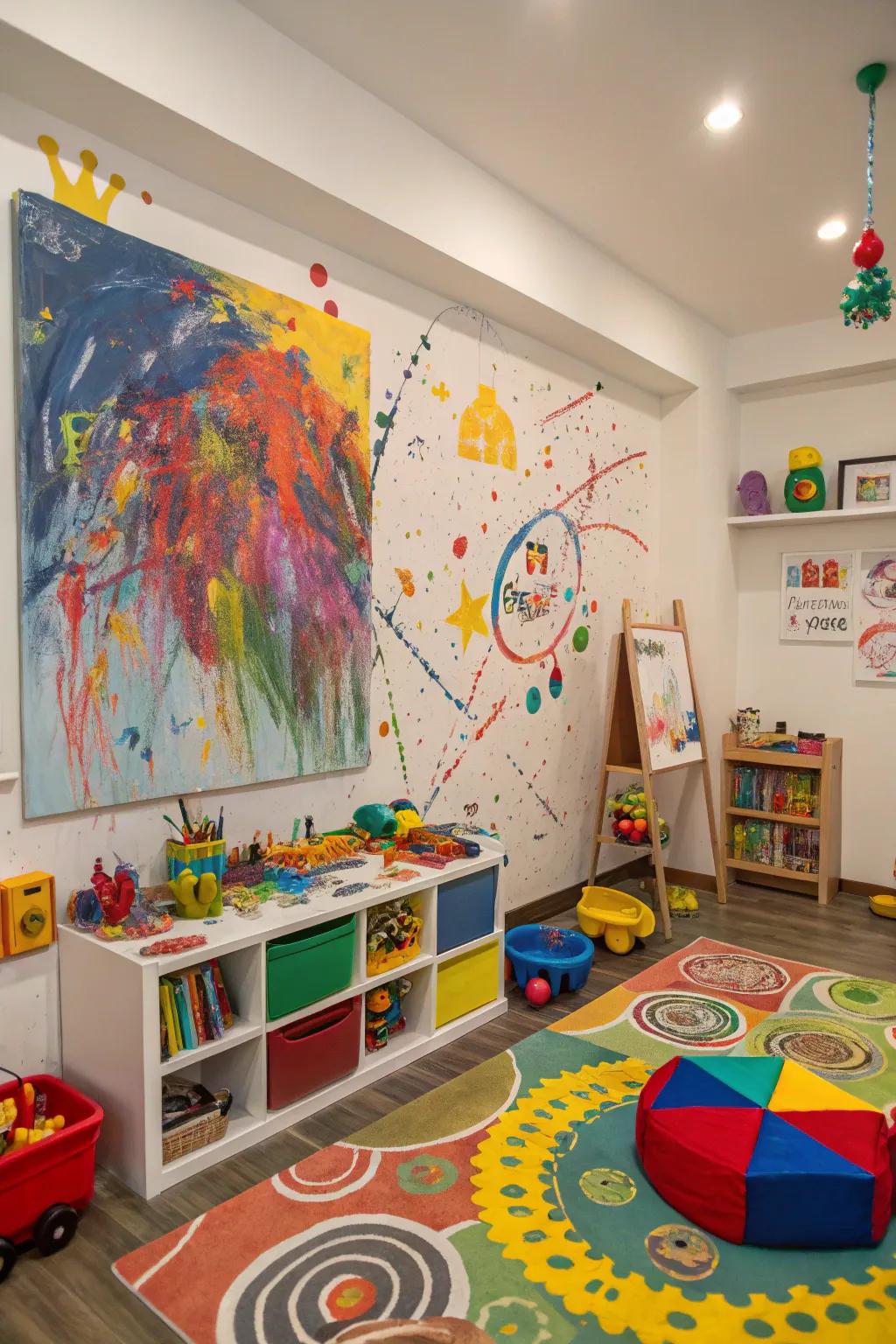 A vibrant disorder painting that invigorates a bustling playroom.