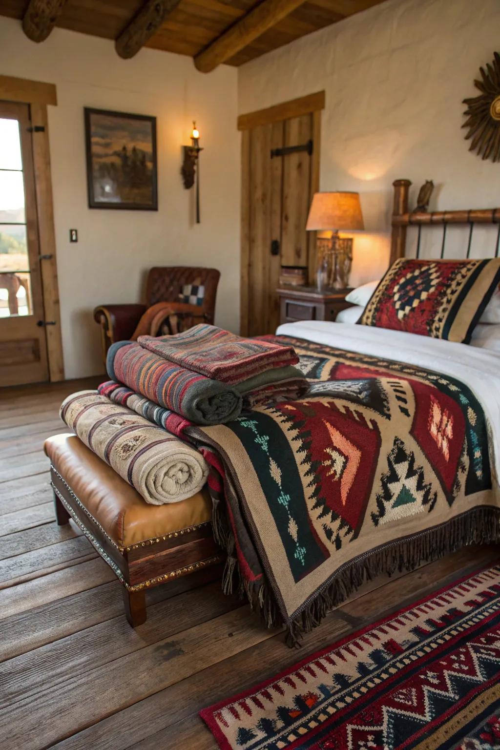Horse-riding blankets add texture and color to your western haven.