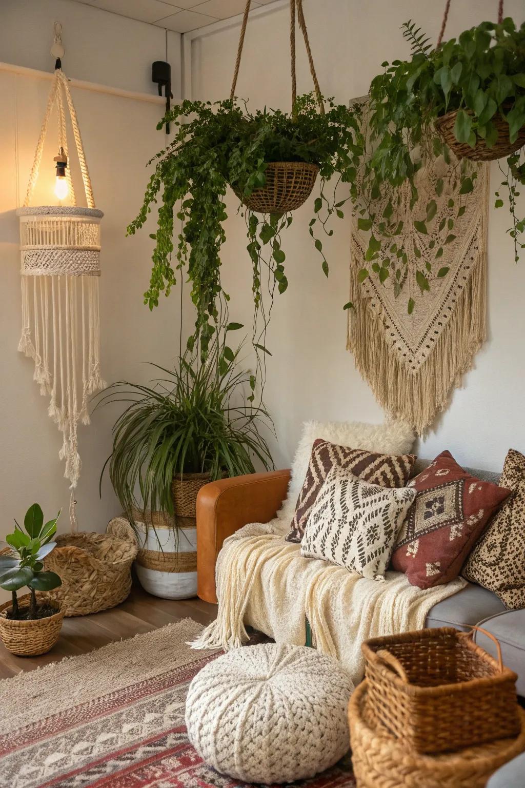 Indoor space showcasing suspended plants and boho style.