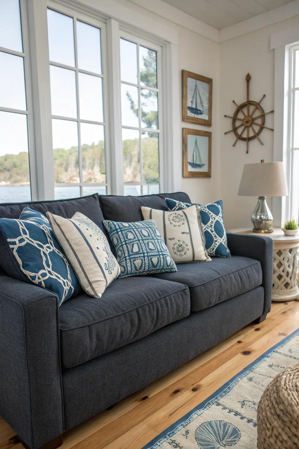Blue and white pillows evoke coastal serenity on a dark grey couch.