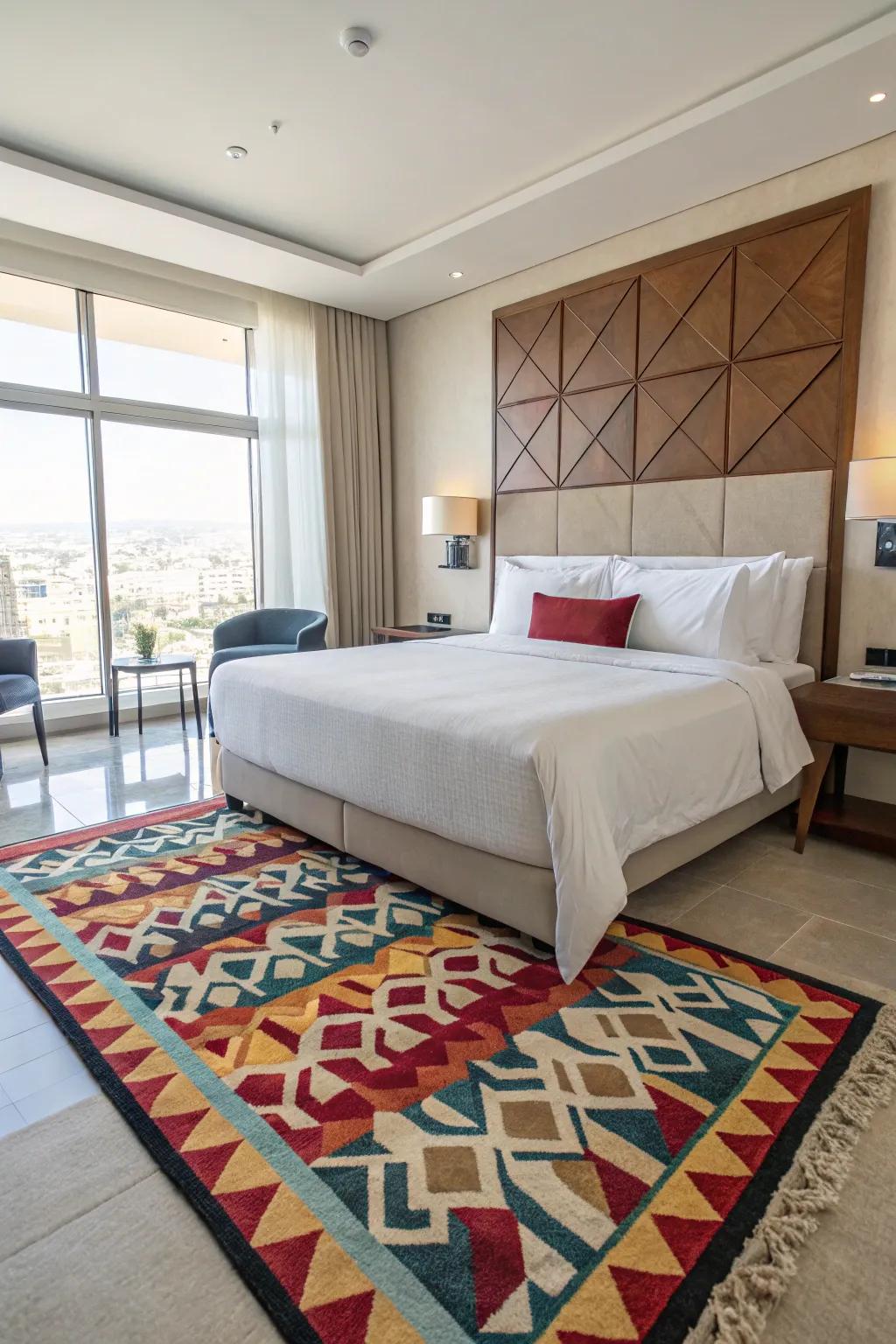 Geometric rugs infuse contemporary flair and modernity into the bedroom design.