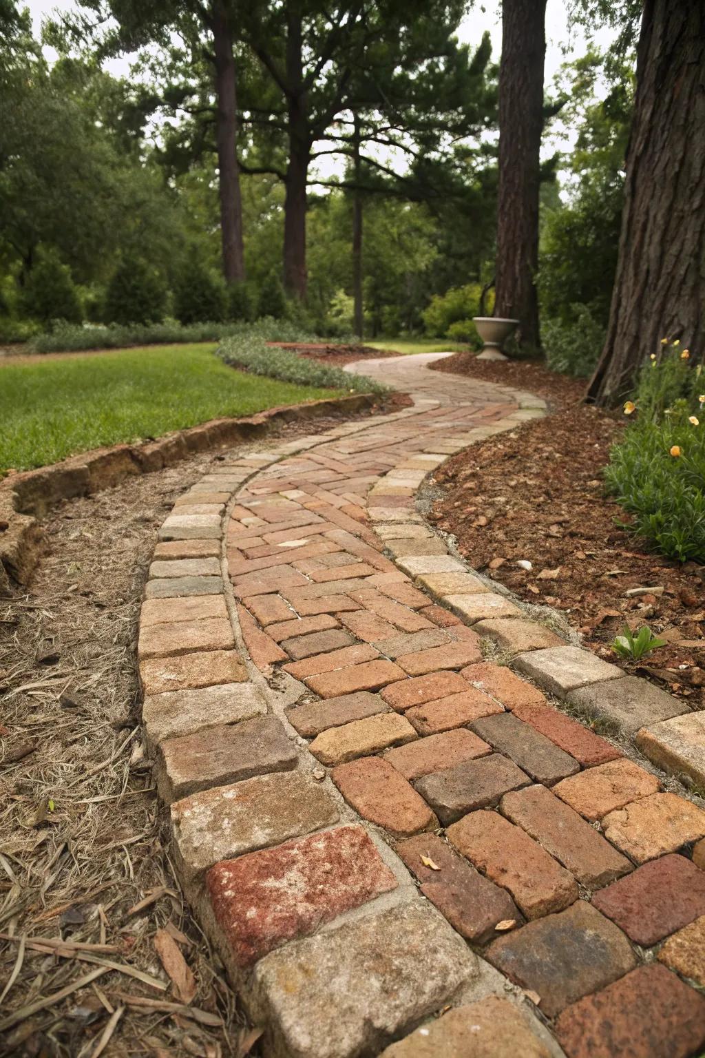 Pulverized brick appends warmth and color to flagstone paths.