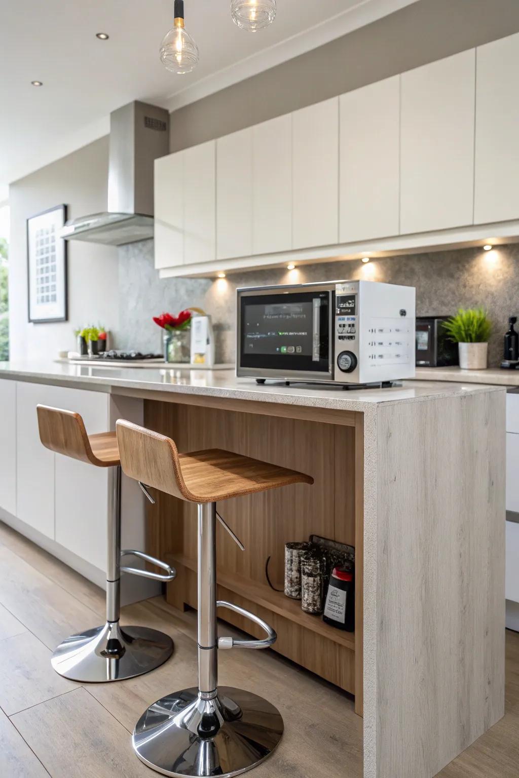 A breakfast bar microwave presents effortless access and a hint of surprise.