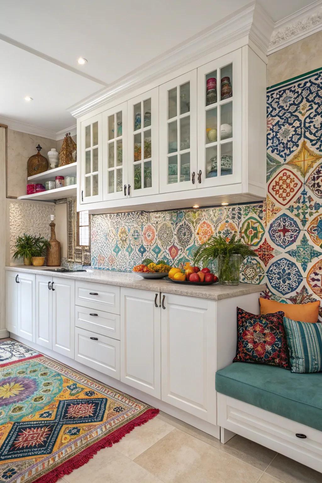 North African tiles adding a vibrant flair to white cabinets.