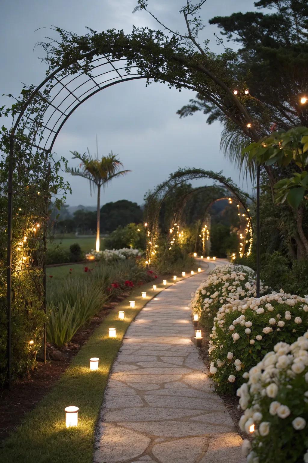 Alabaster garden illumination accentuates features and fashions an enchanting nighttime ambiance.