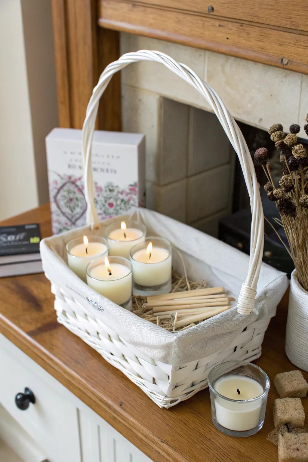 A candlelit ambiance white gift basket, enveloping every space with its warm embrace.