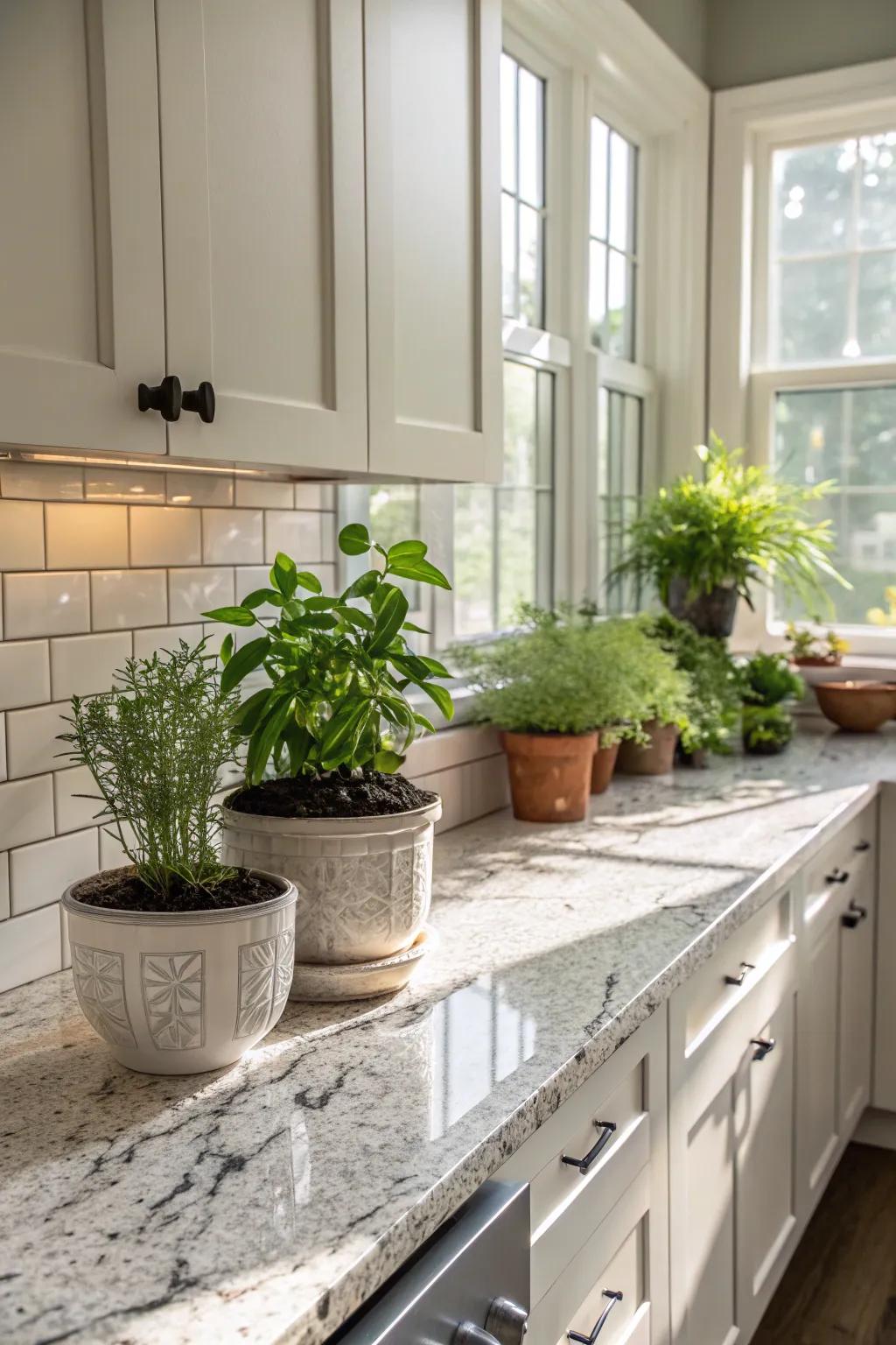 Inherent vegetation breathes existence to a kitchen using white ice granite.