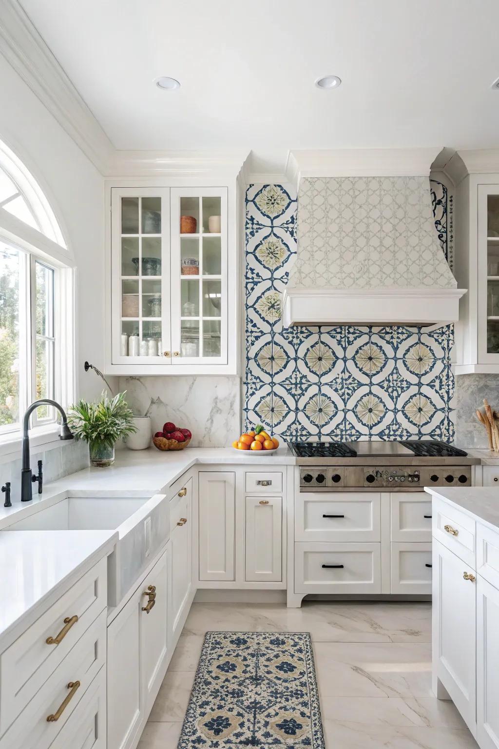 A bold tile splashback transforms the white kitchen into a striking focal point.