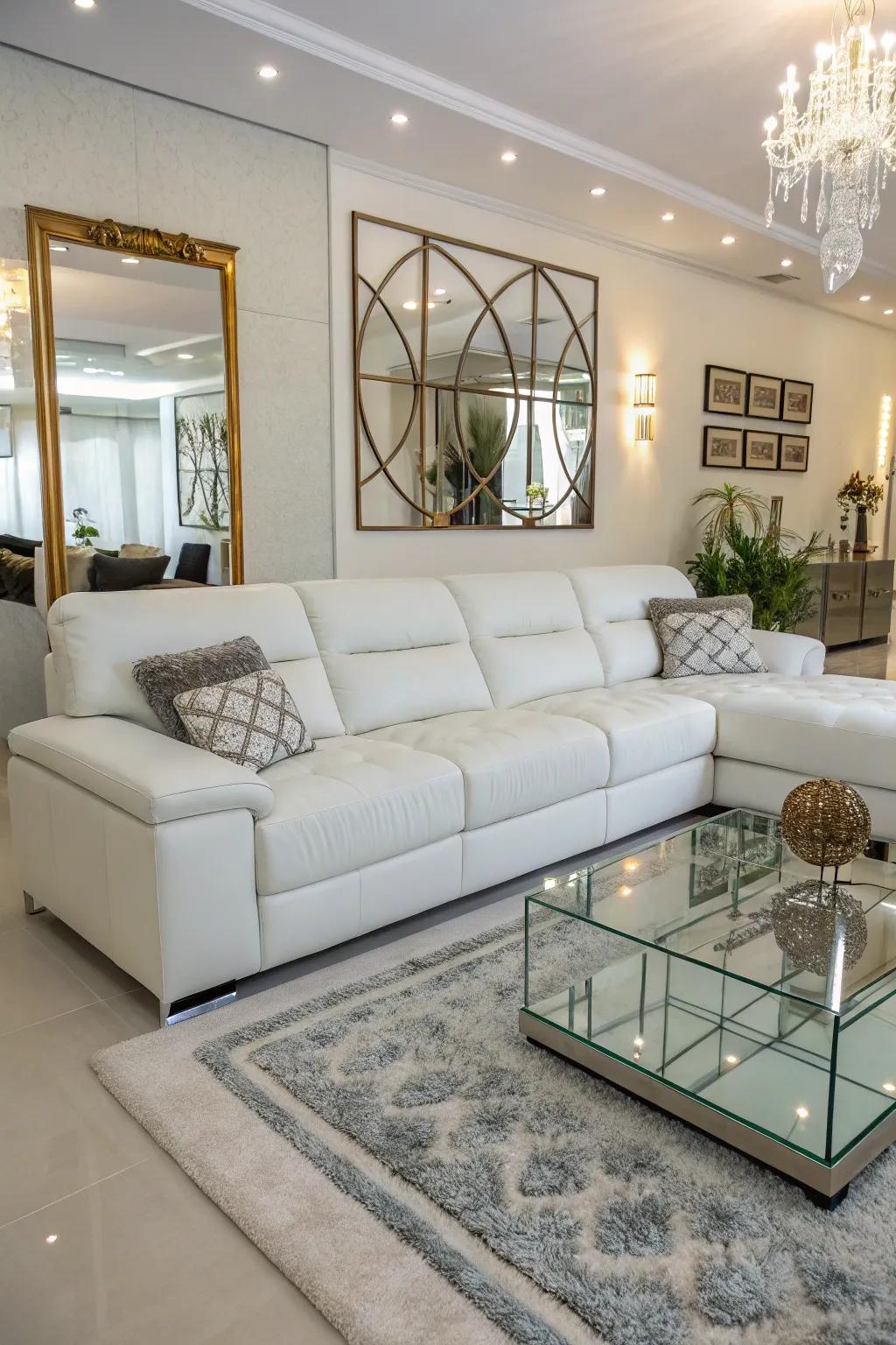 Reflective surfaces amplify brightness in a living space featuring a white modular sofa.