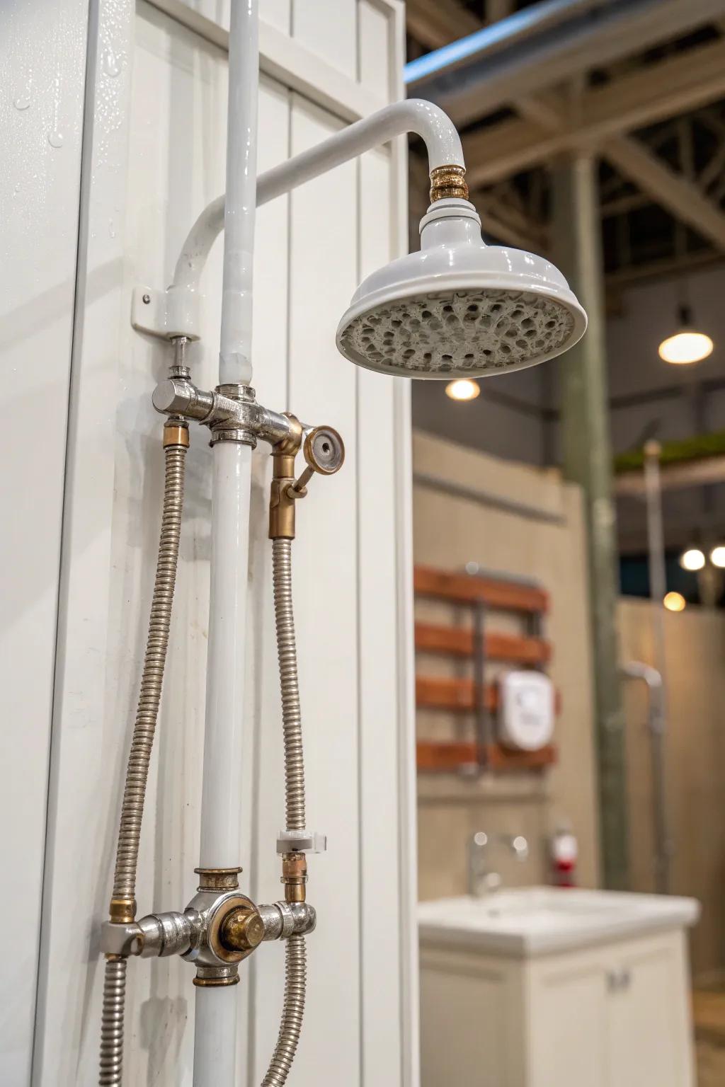Industrial influences with exposed piping in a white shower.