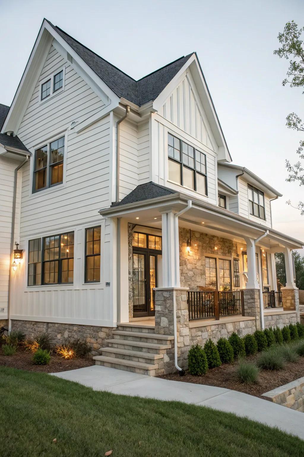 A house uniting white vinyl siding with brick and stone for a textured appearance.