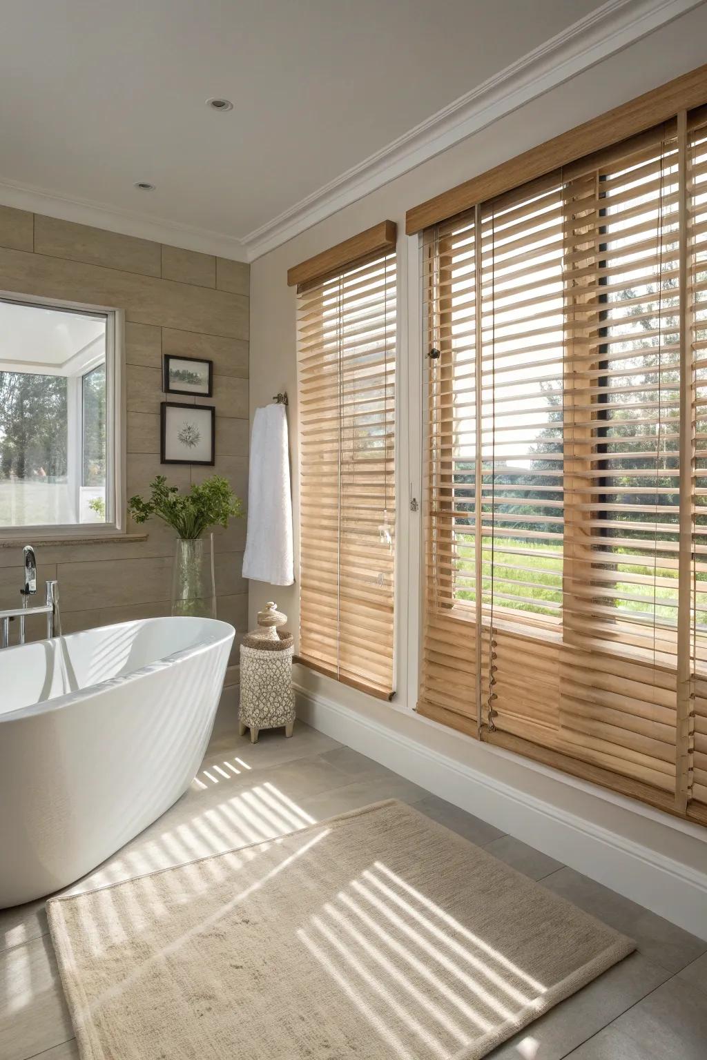 Faux wood blinds offering privacy and style in a bathroom.