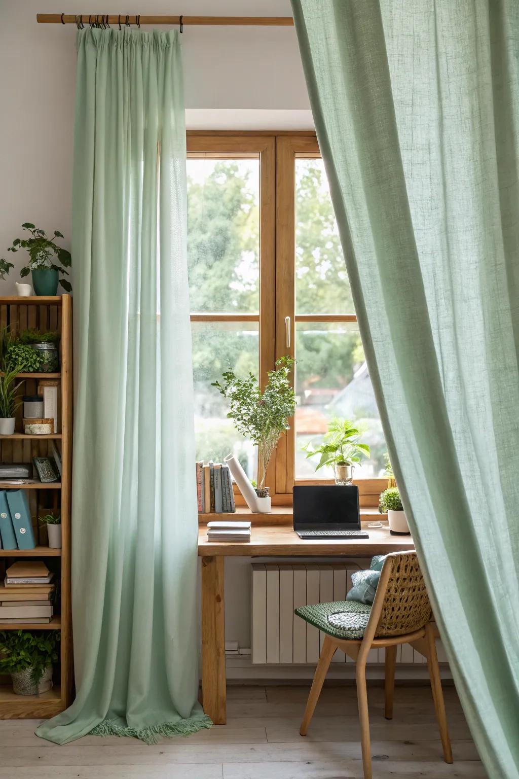 Eco-conscious window coverings crafted from reclaimed fibers in this home office.