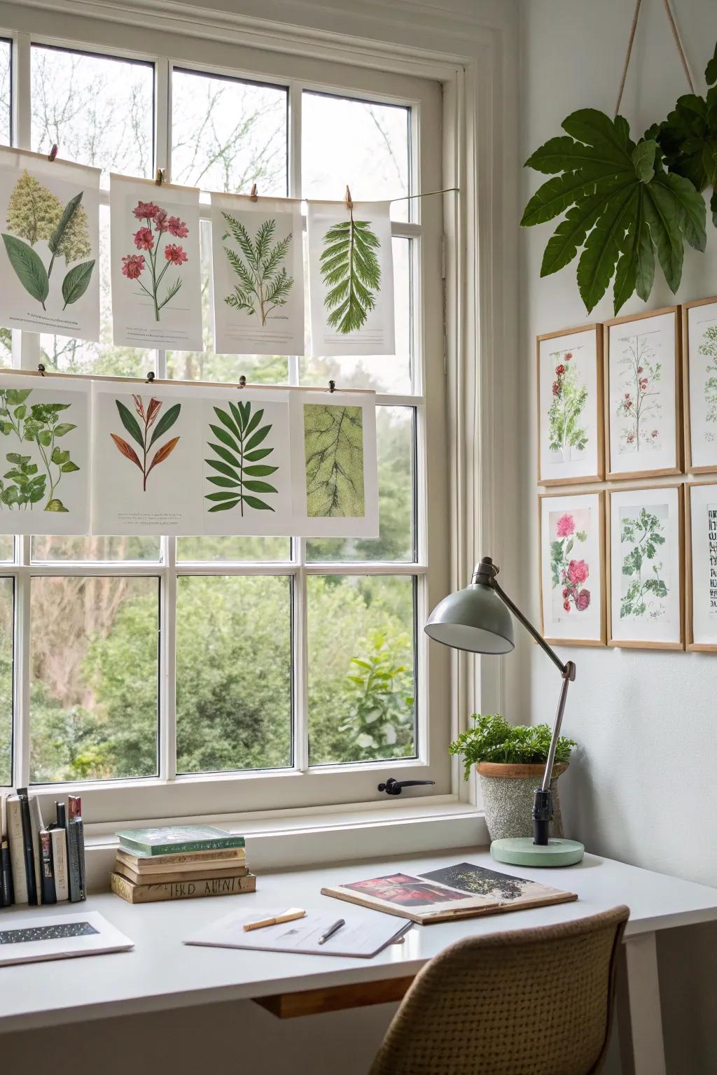 Botanical prints in window frames build a peaceful atmosphere.