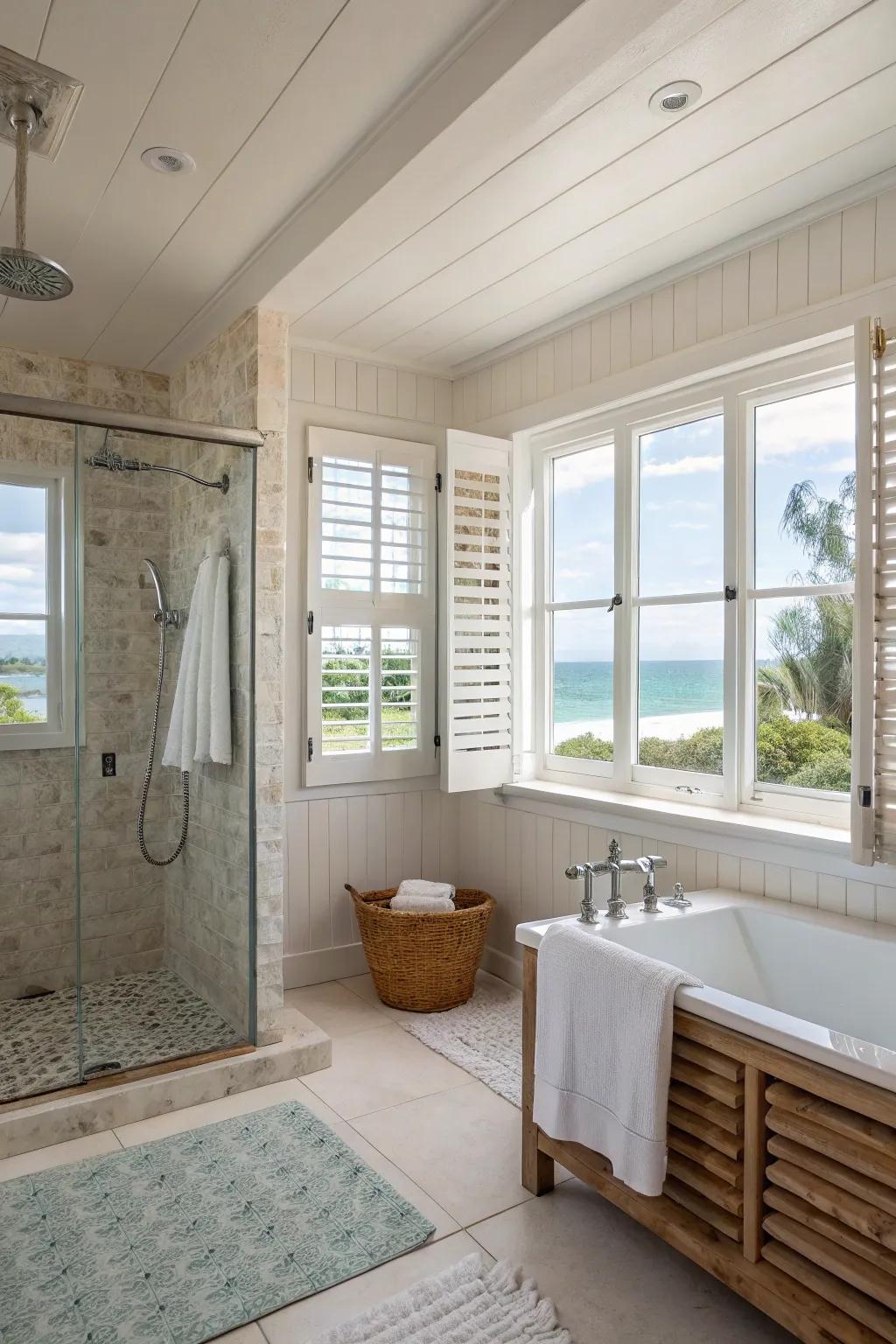 Screens deliver a coastal ambiance and adjustable light inside the shower.