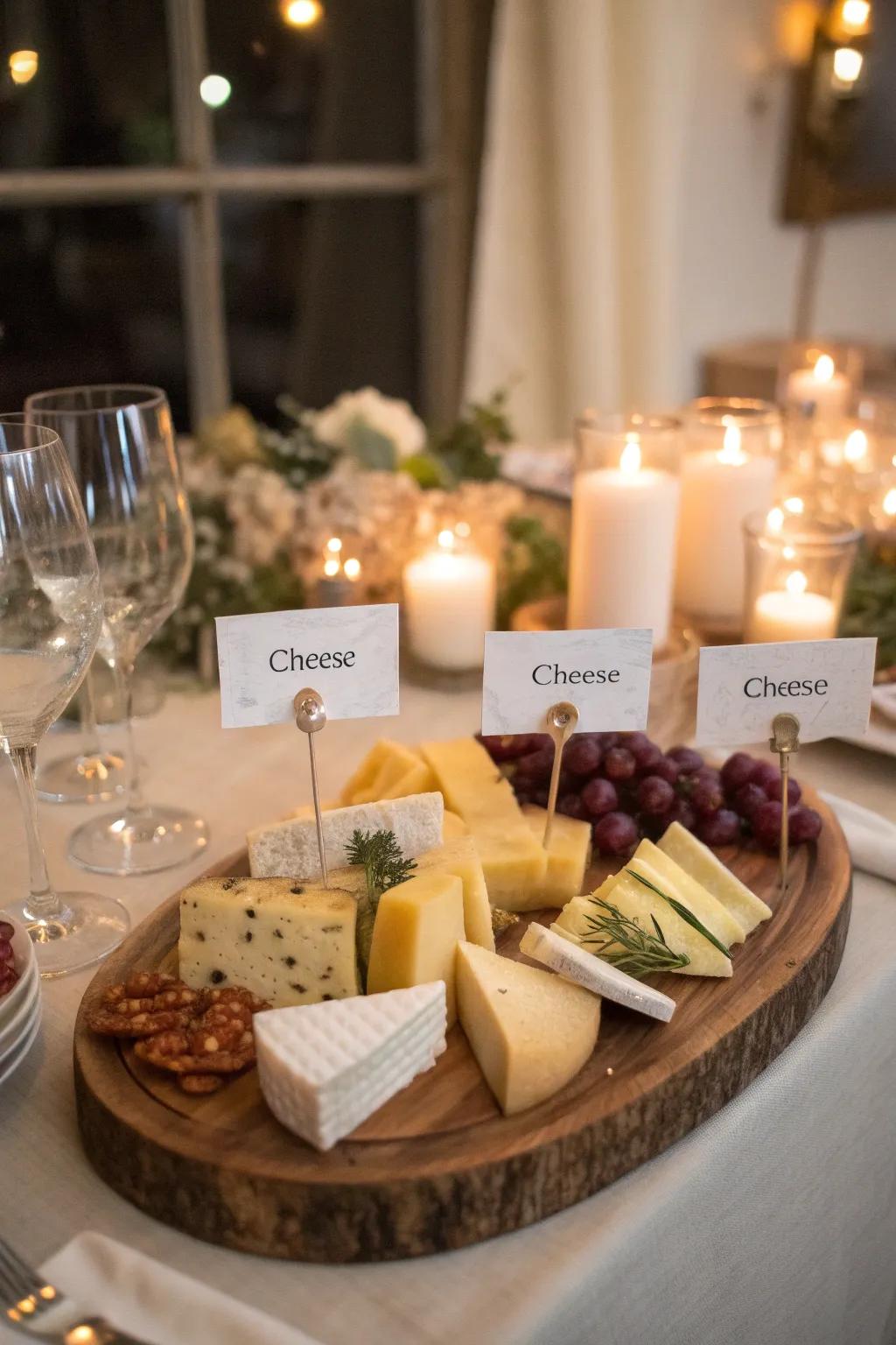 Personalized cheese labels add a thoughtful detail to your board.