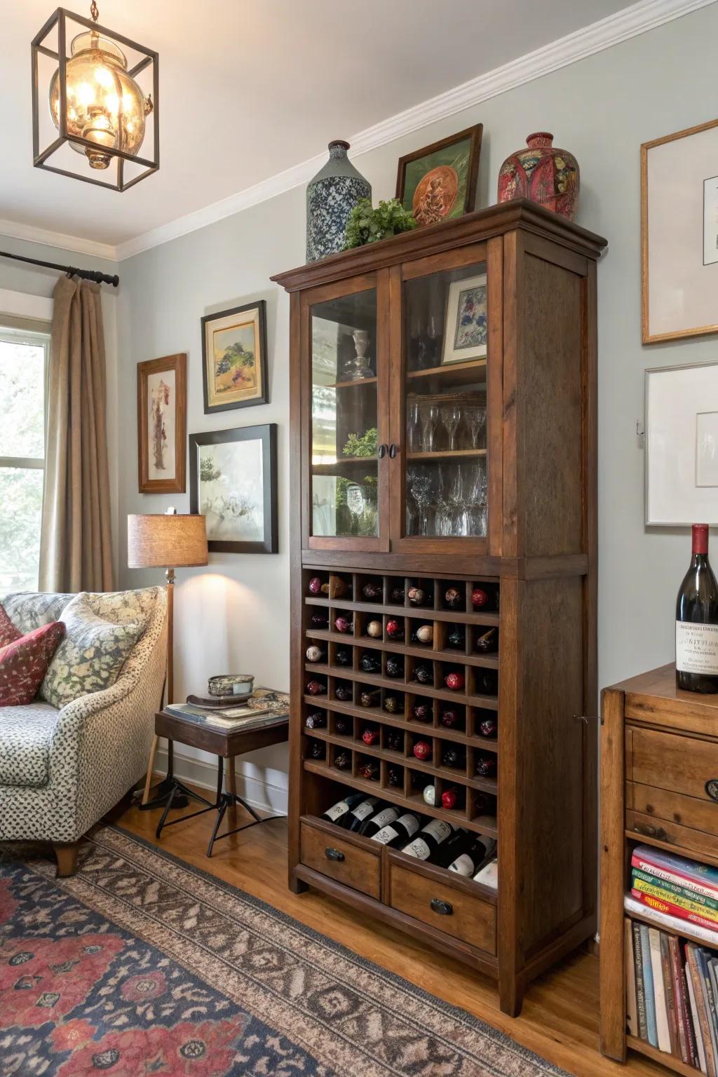 A vintage cabinet creatively repurposed into a wine rack.