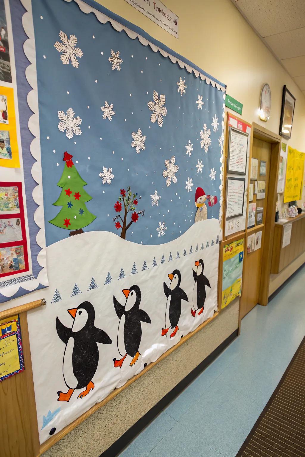 An antarctic bird dance soiree infuses joy into the winter bulletin board.