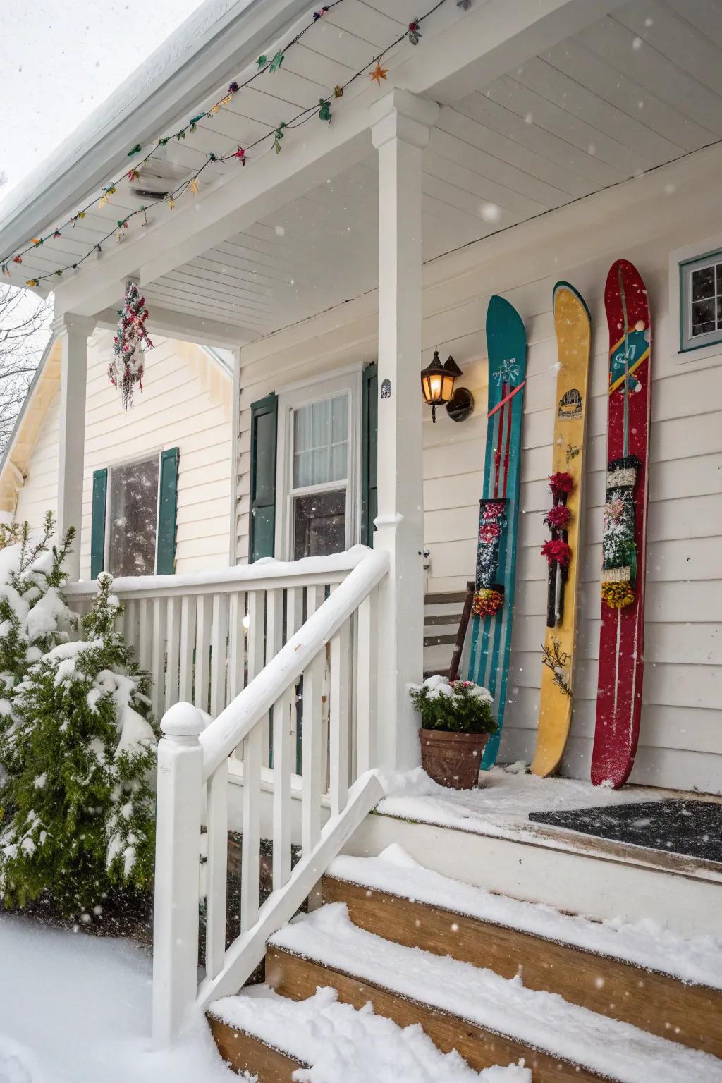 Upcycled running boards contribute a playful element onto this winter porch.
