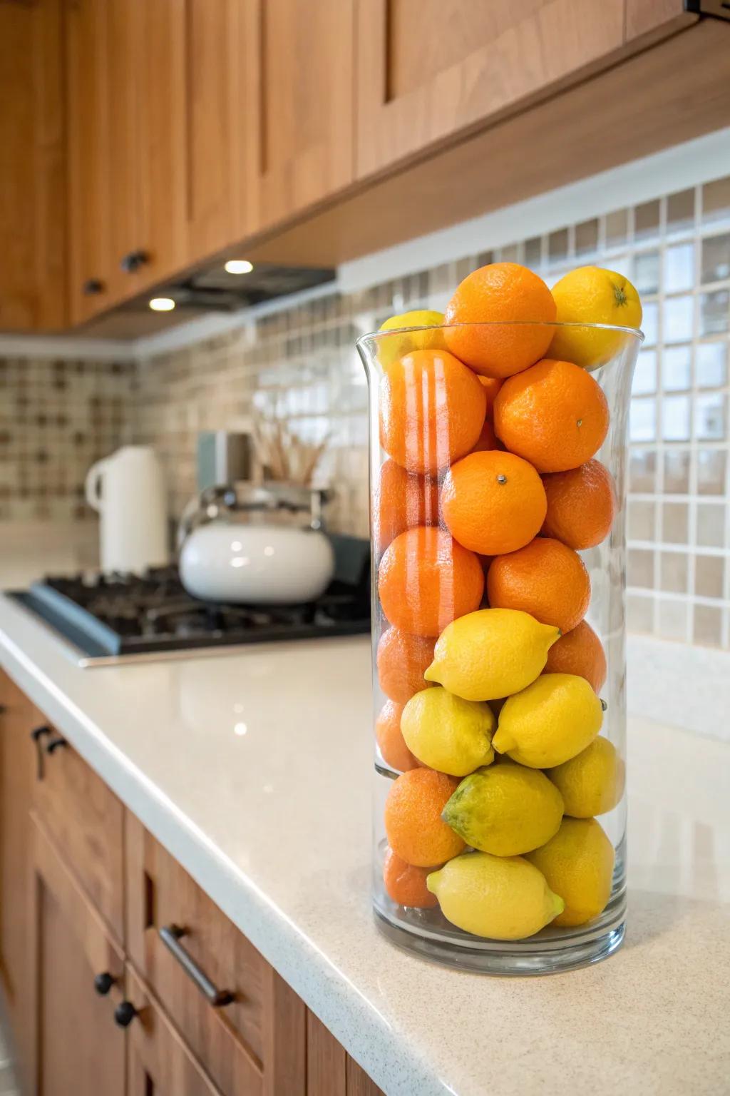 Bright citrus fruits add a fresh burst of hue to winter decor.