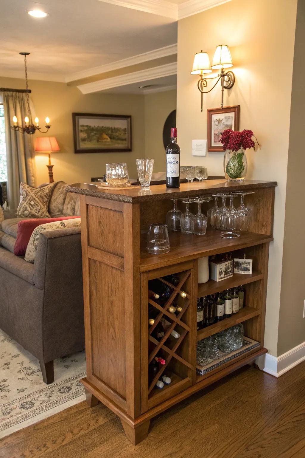 A corner bar providing charm and efficiency.