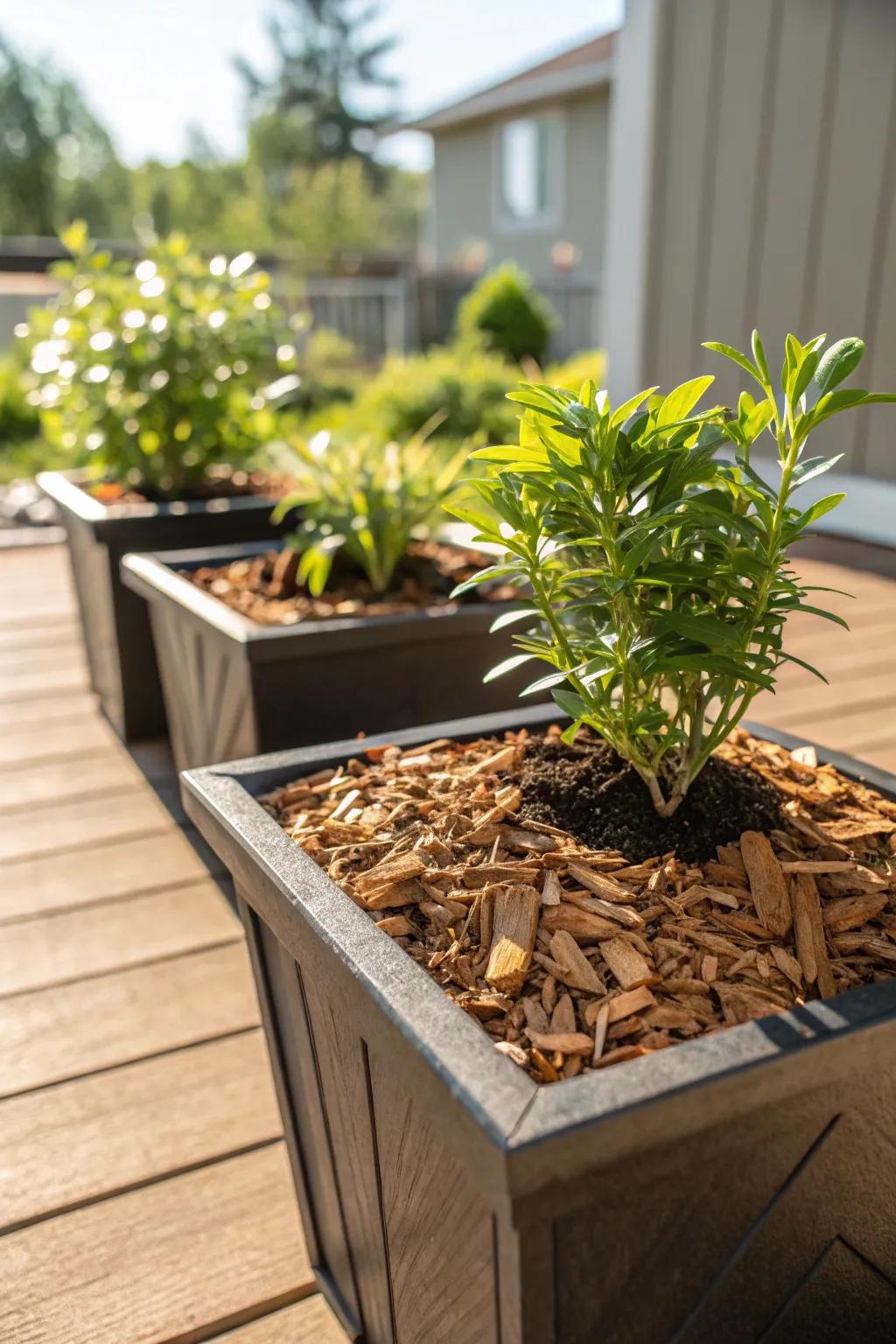 Wood chips support moisture retention in container gardens.