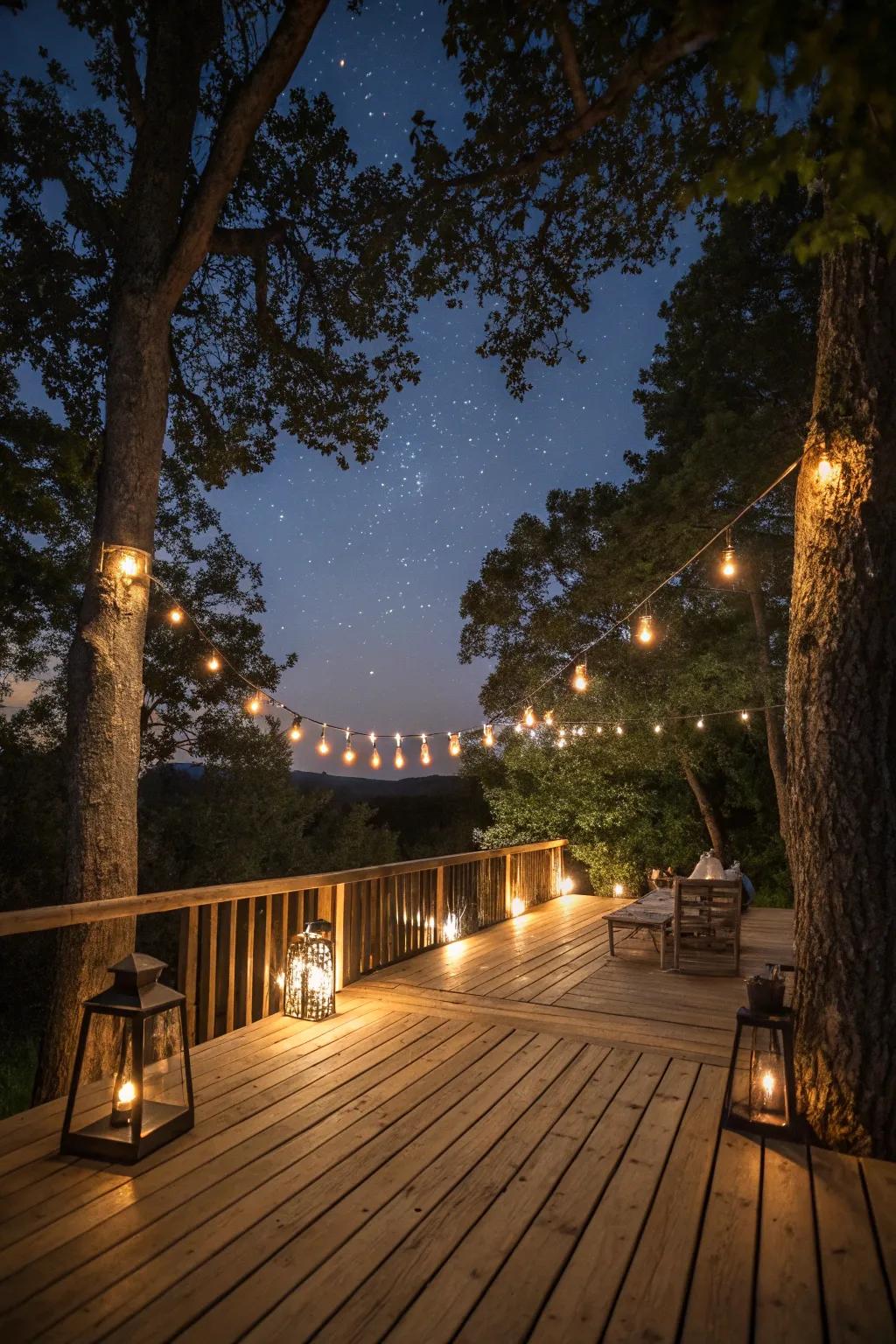 Evening deck gatherings are enhanced by the addition of ambient lighting.