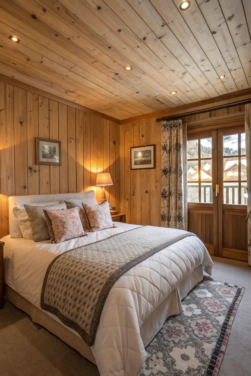 Wood paneling creates a cozy bedroom retreat.
