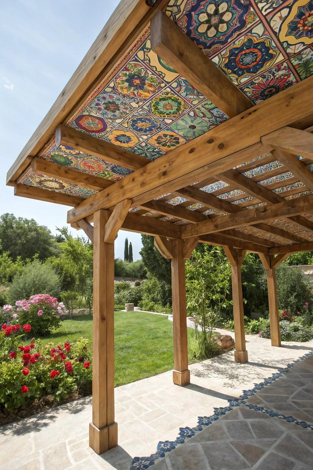 A vibrant mosaic roof adding artistic flair to a patio shelter.