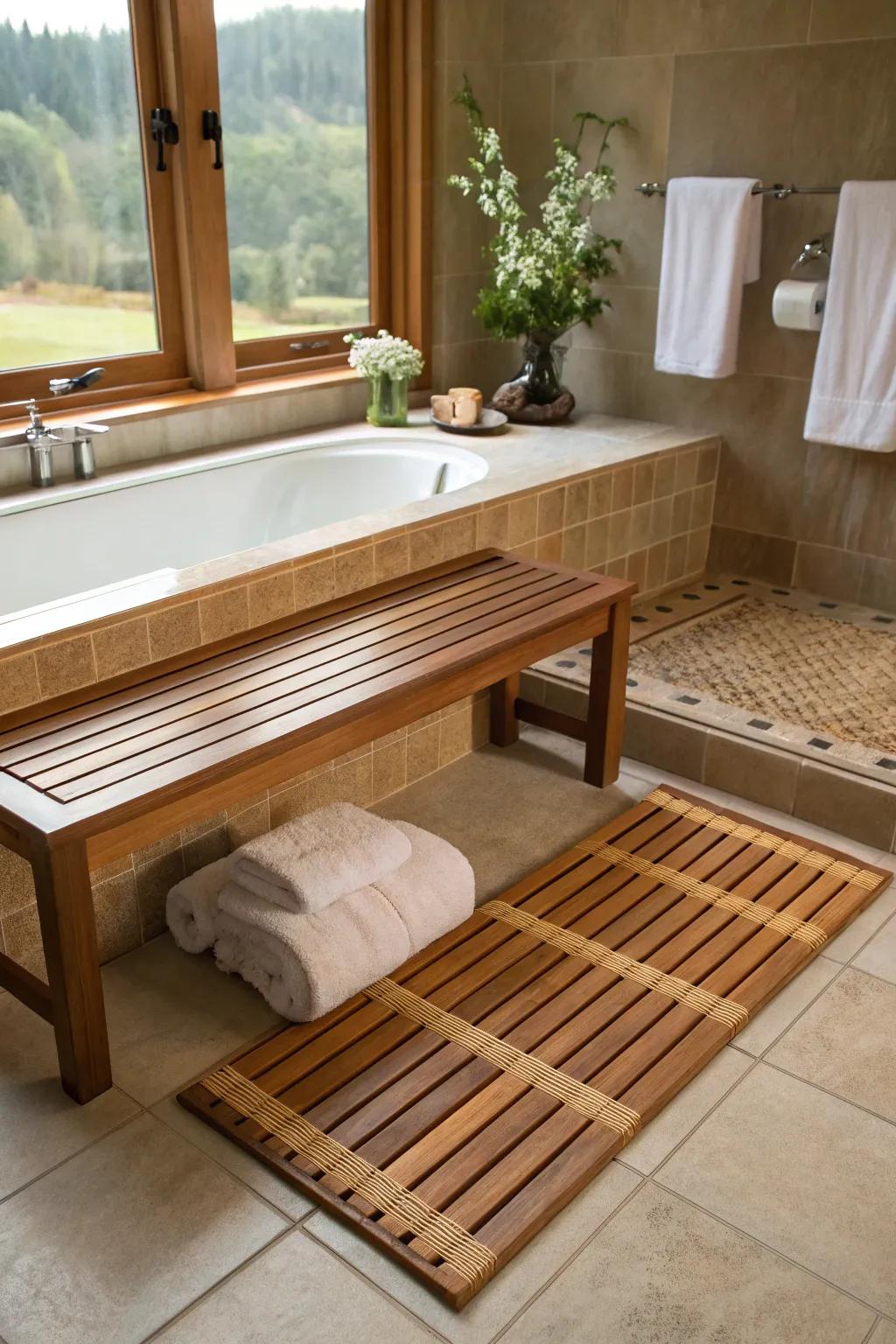 Spa-like relaxation with wood touches in the bathroom.