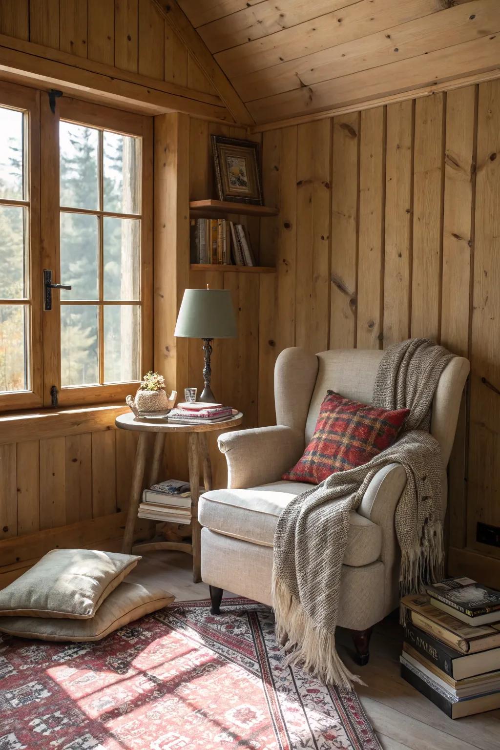 A reading corner featuring snug timber paneling.