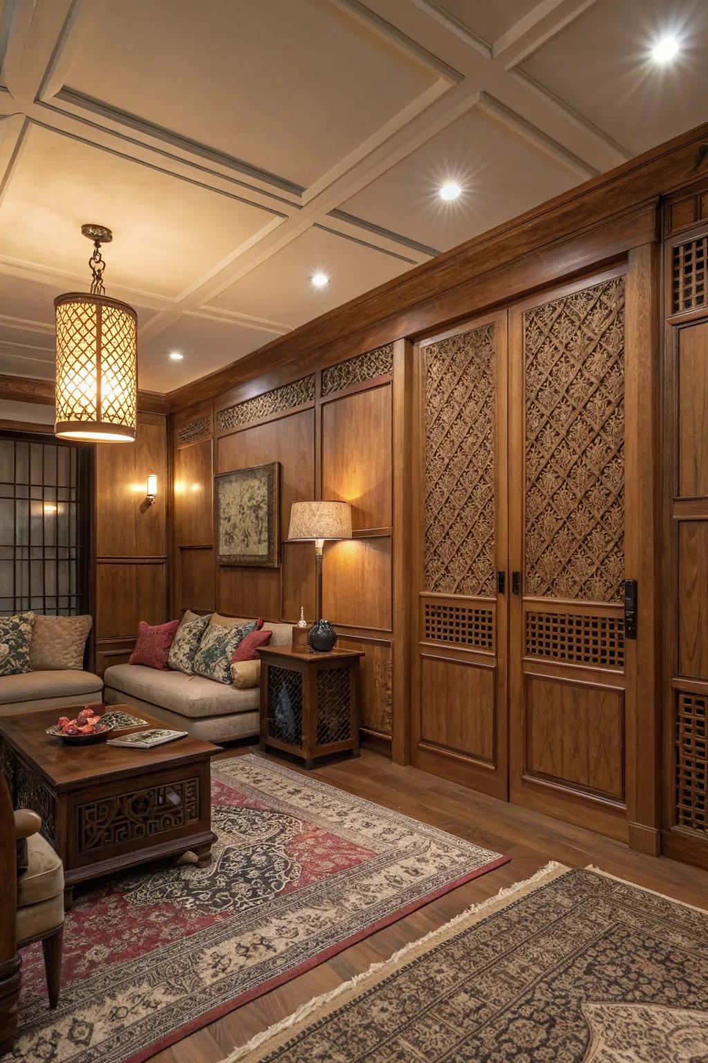 Paneled screens enrich the depth and appeal of this fashionable lounge.