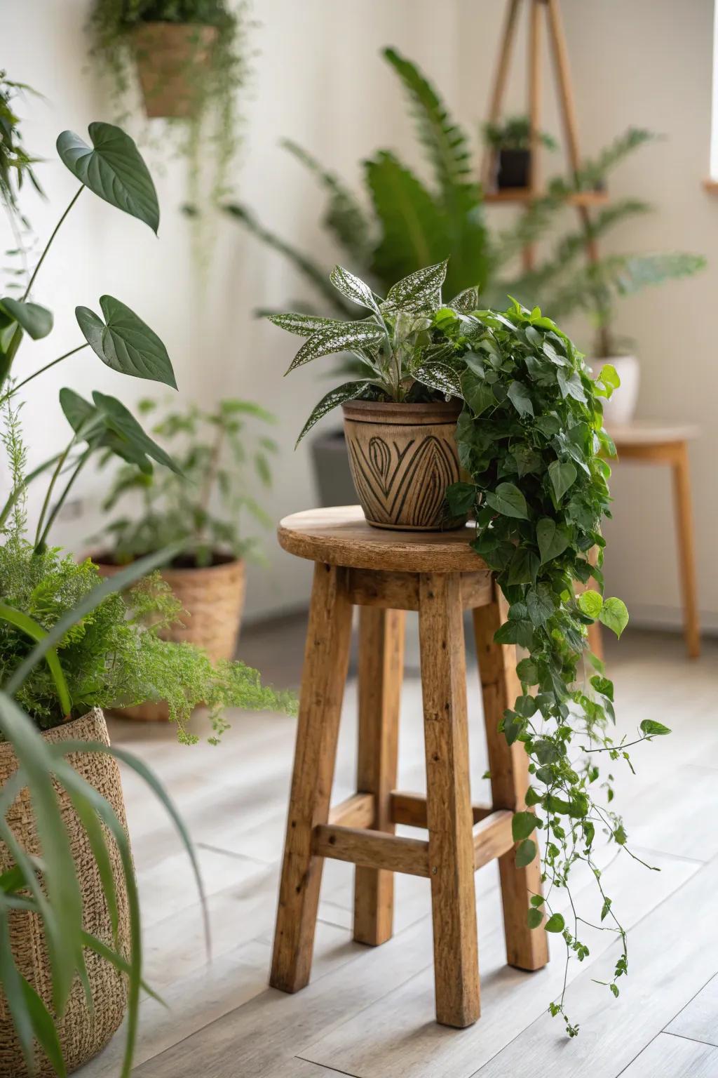 A wooden stool functions as a stylish plant stand, accentuating greenery.