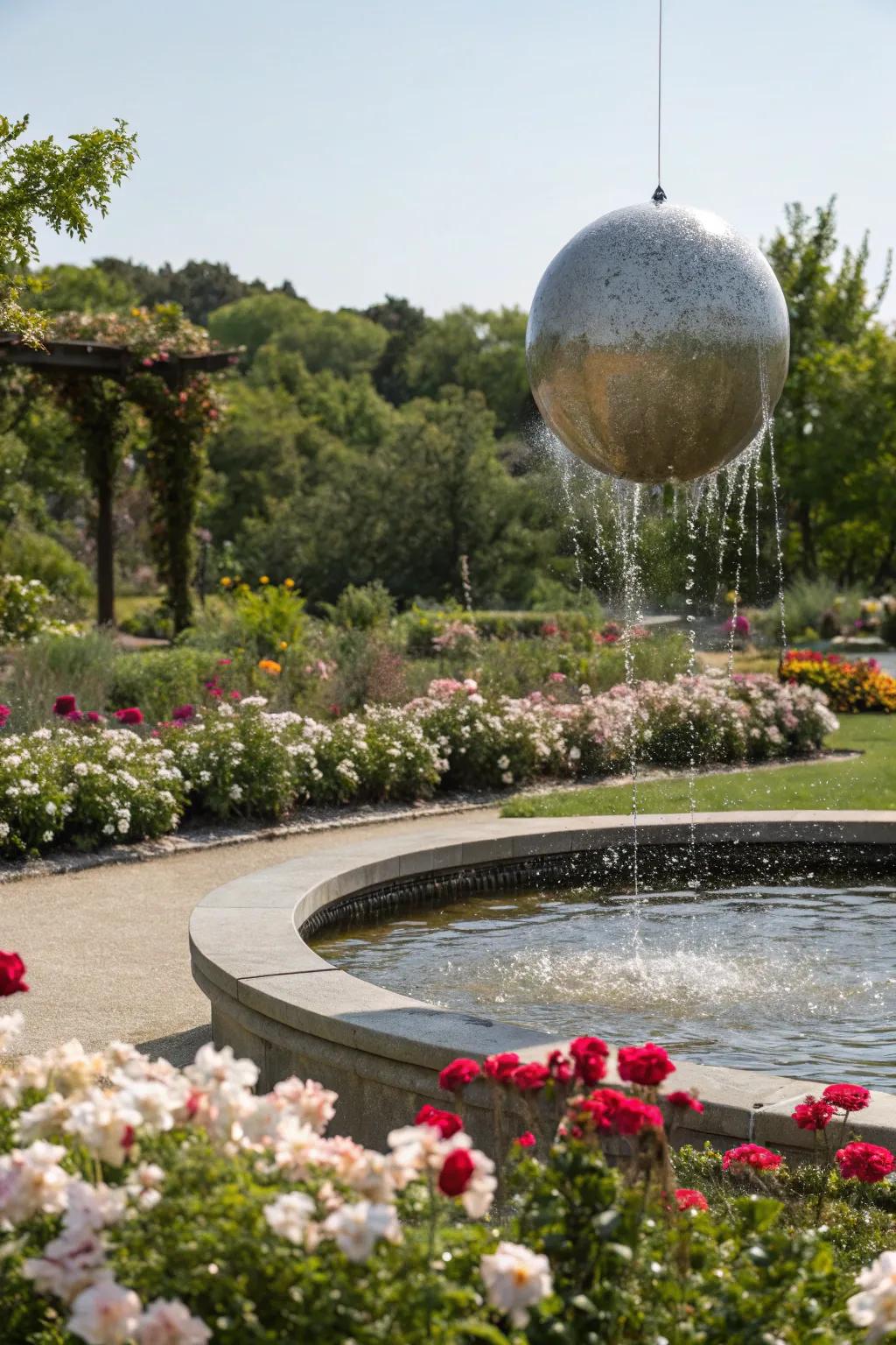 A floating sphere fountain incorporating a whimsical element into the garden.