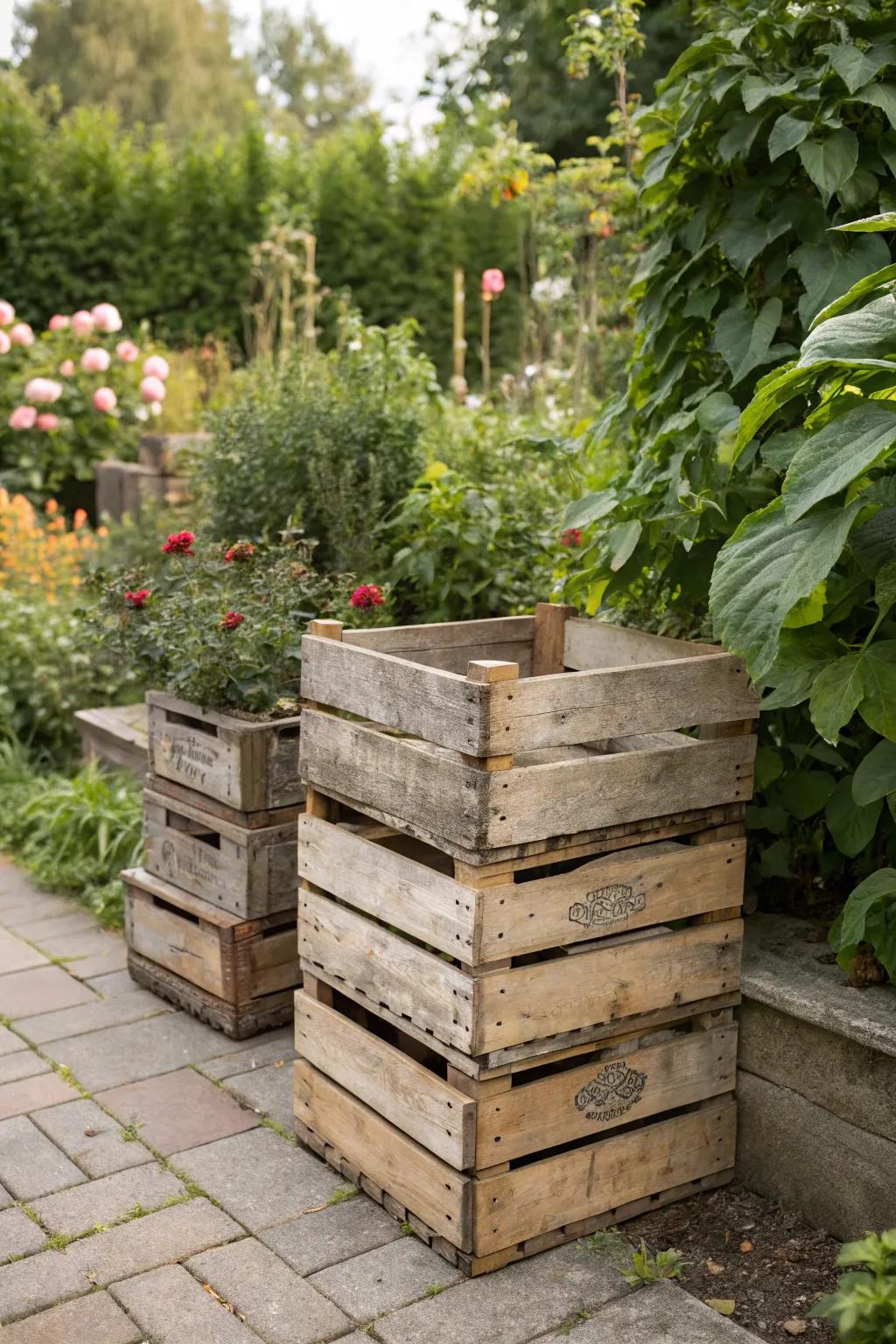 Stacked crate organization evokes vintage charm.