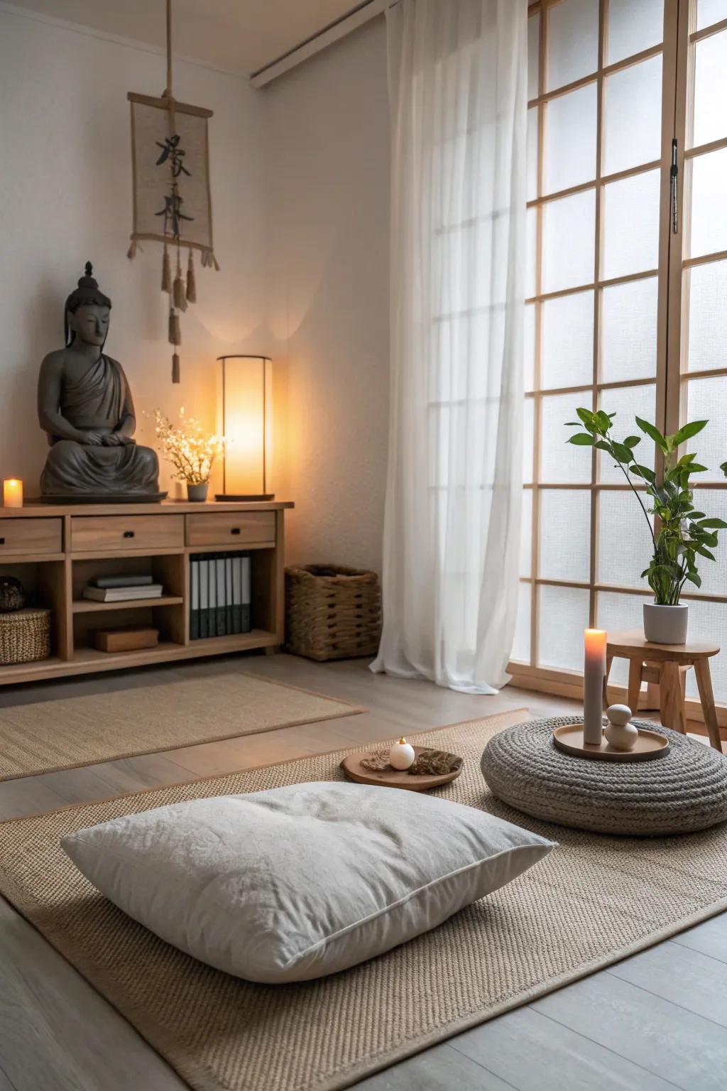 A meditation corner provides a serene retreat.