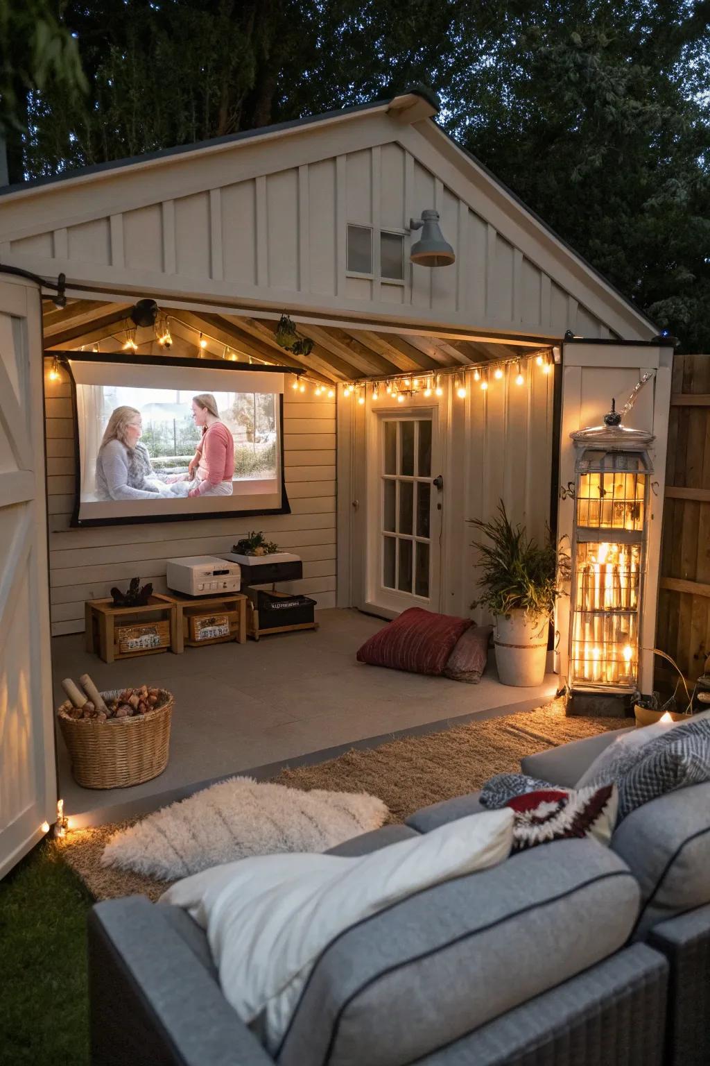 Relish movie evenings in your own home theater shed arrangement.