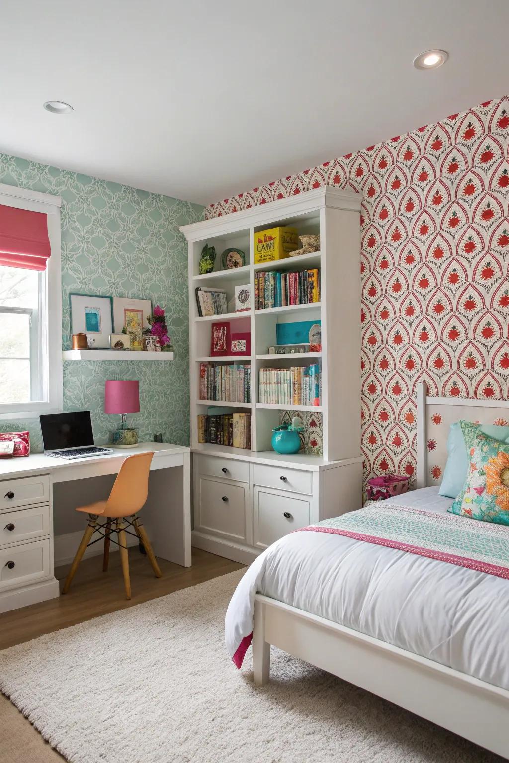 Patterned wallpaper incorporates a vibrant focal point to the bedroom.