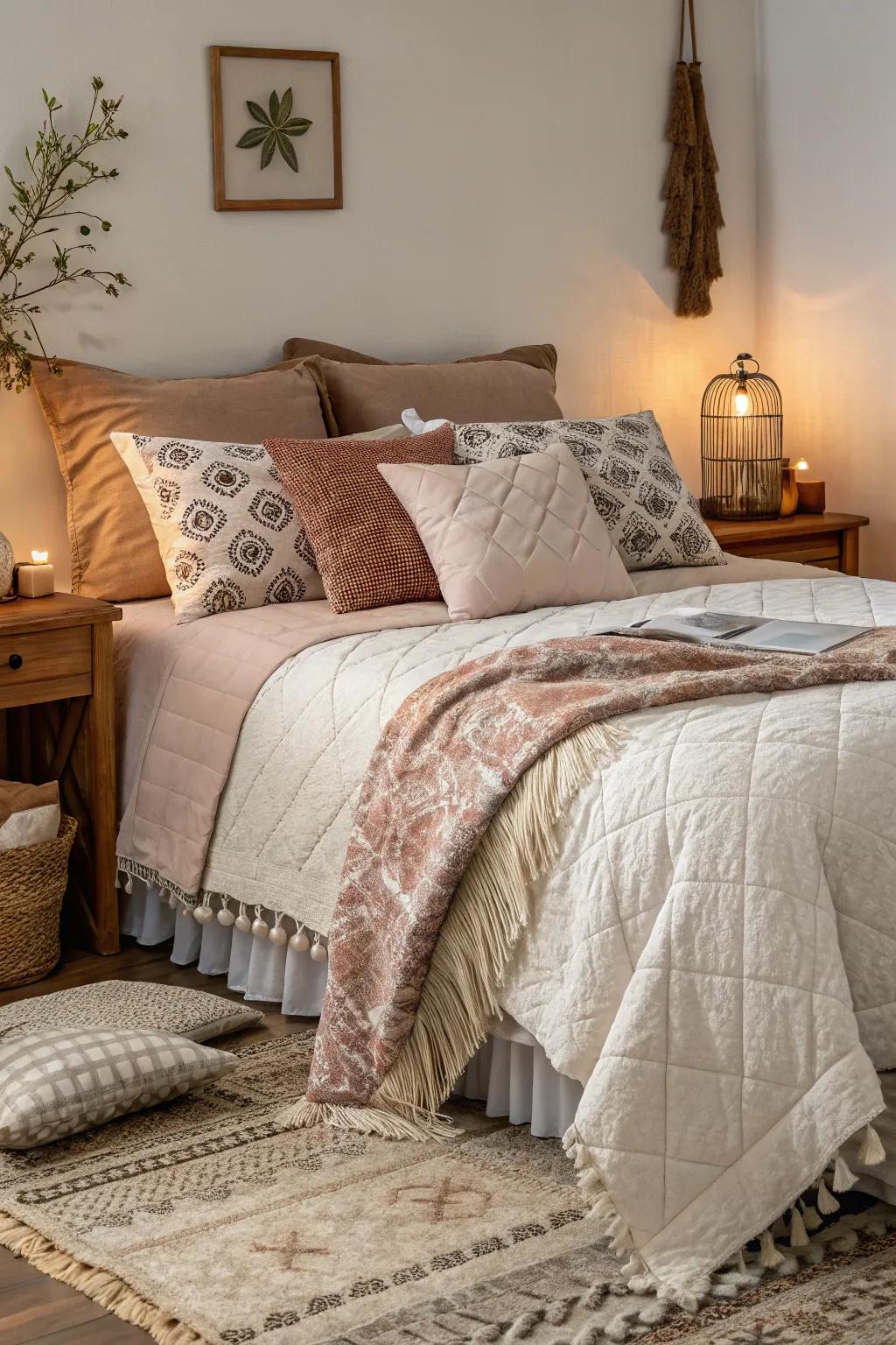 Layered bedding with plush textures injects warmth and luxury.
