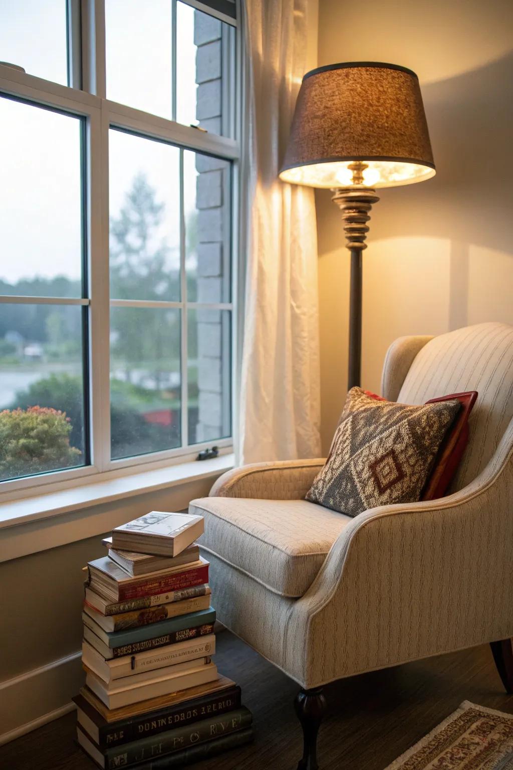 A reading nook offers a serene spot for relaxation.