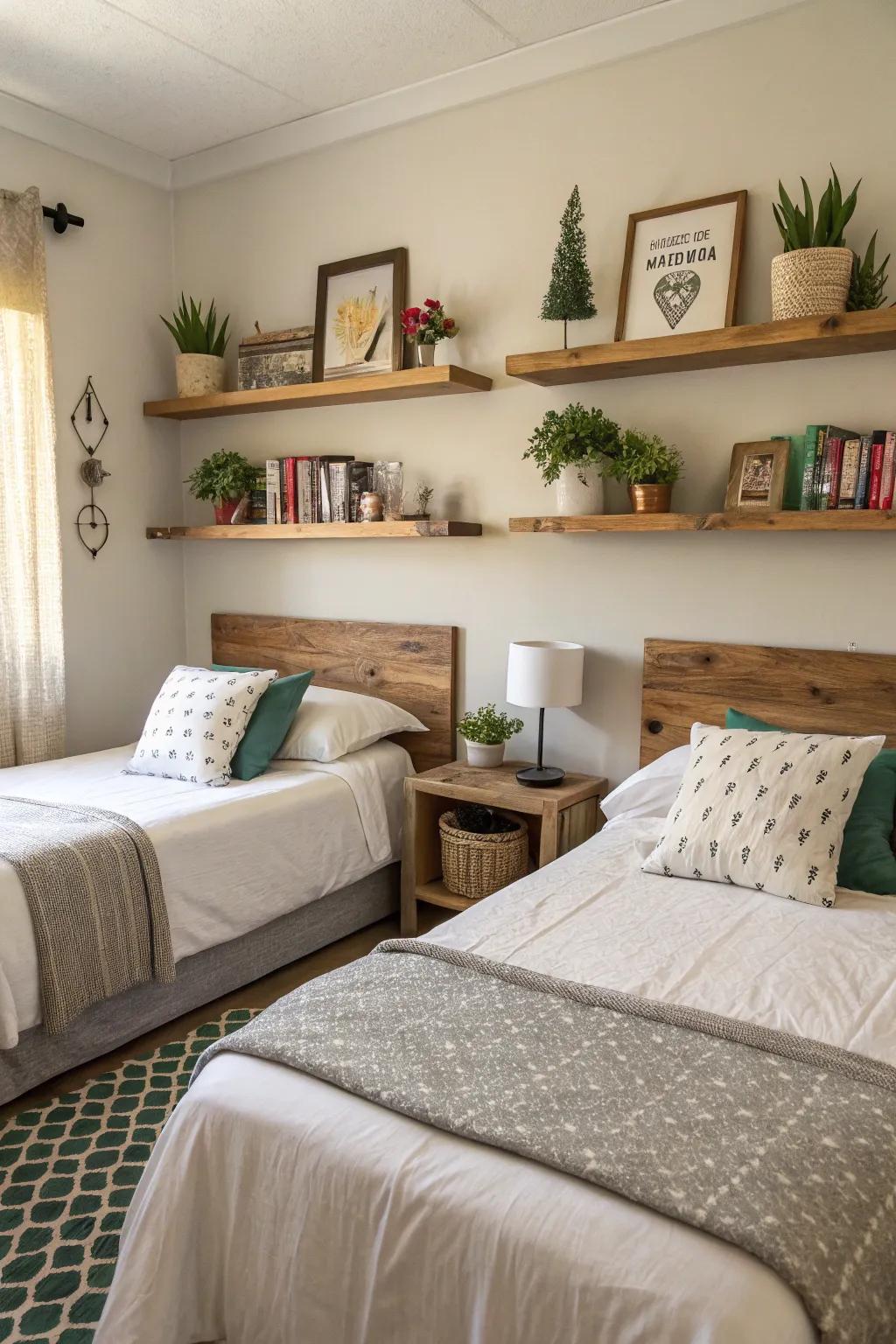 Wall shelves offer functional decor space.