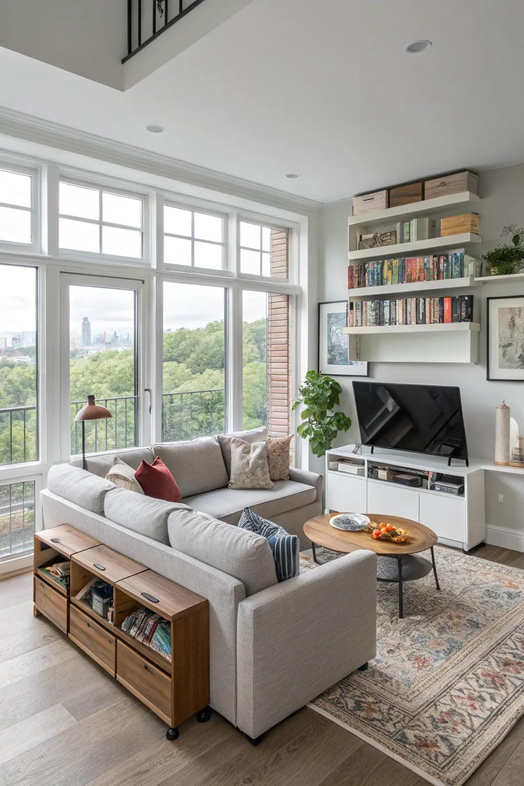 Multi-purpose furnishings keep the sitting room organized.