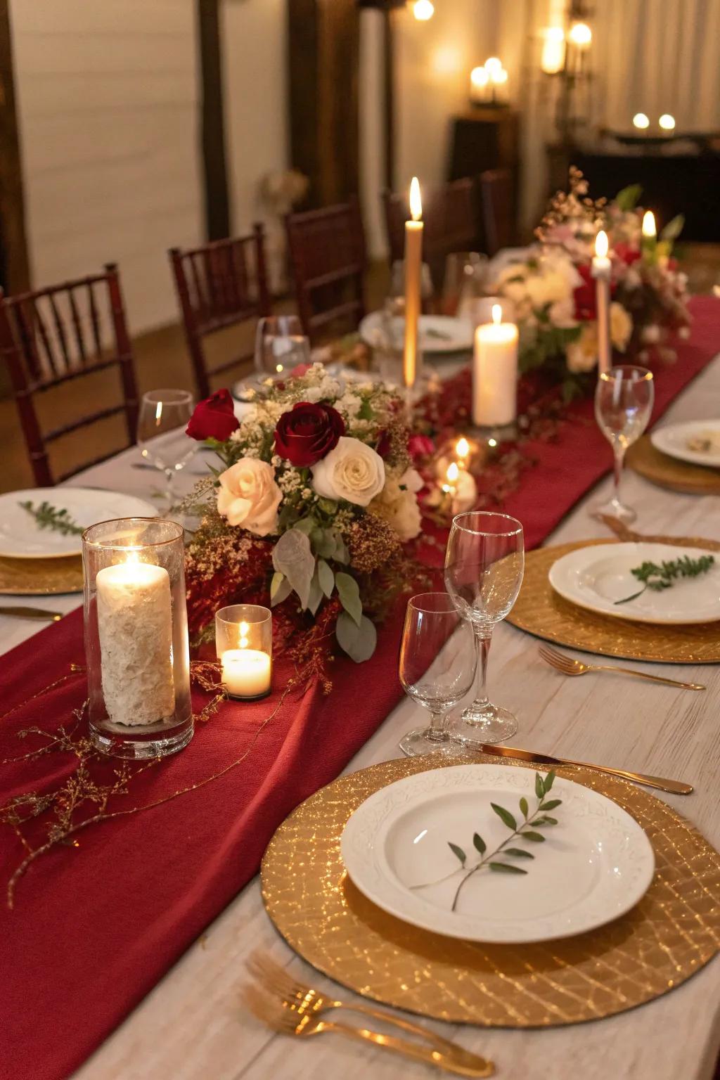 A bespoke rouge table accent adds sophistication to the setting.