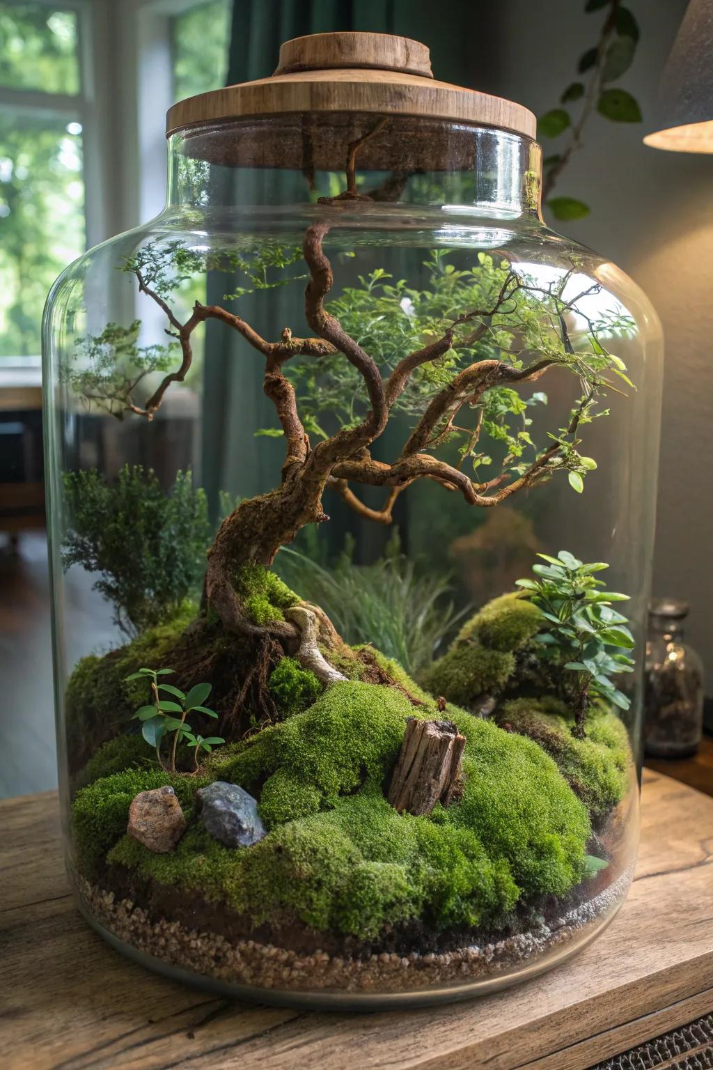 A magical forest terrarium with captivating parts.