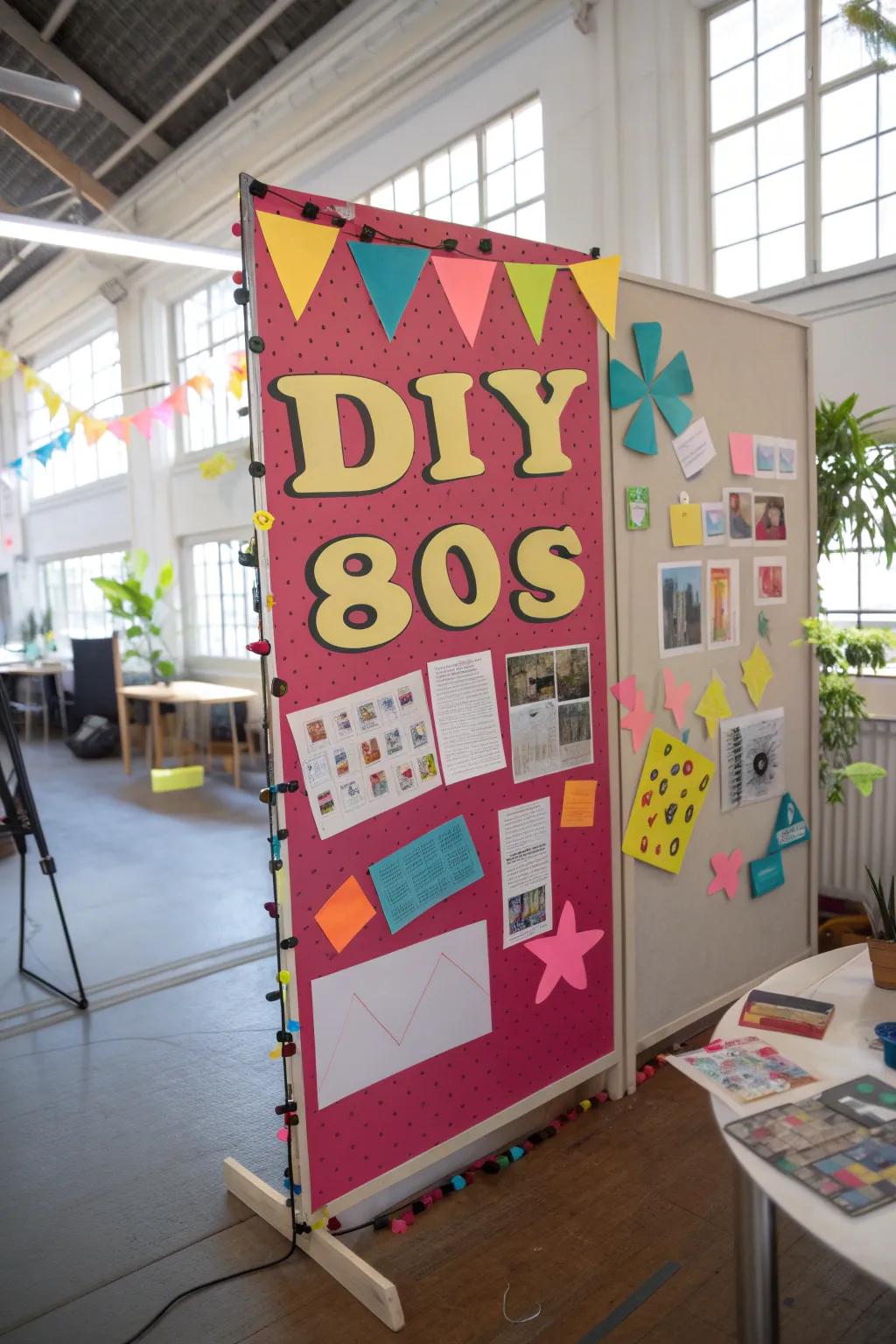 DIY 80s decor fashioned from colorful paper on a pinboard.