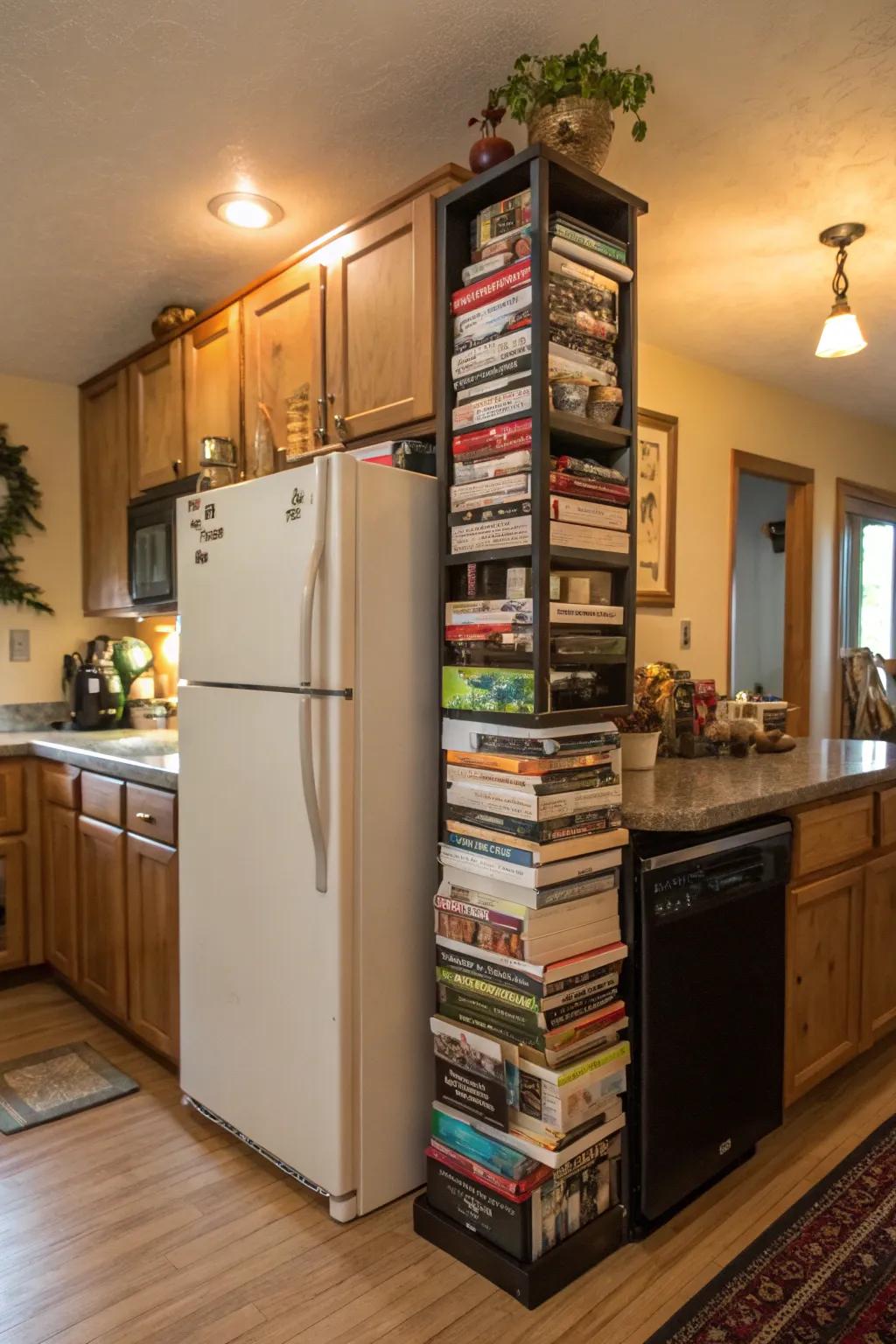 A slender book alcove over the refrigerator for easy access to reading materials.