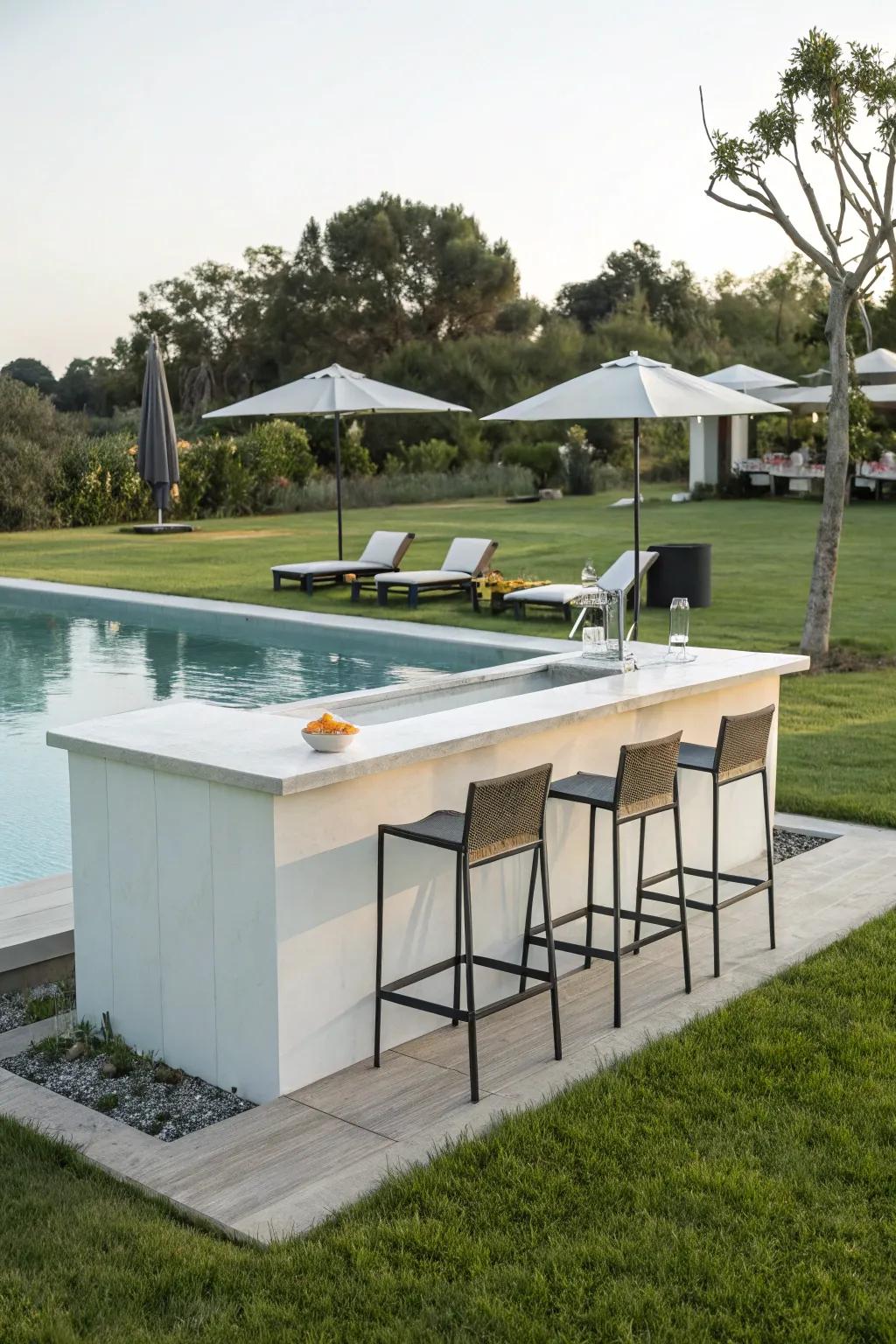 A minimalist bar design complements a modern poolside aesthetic.