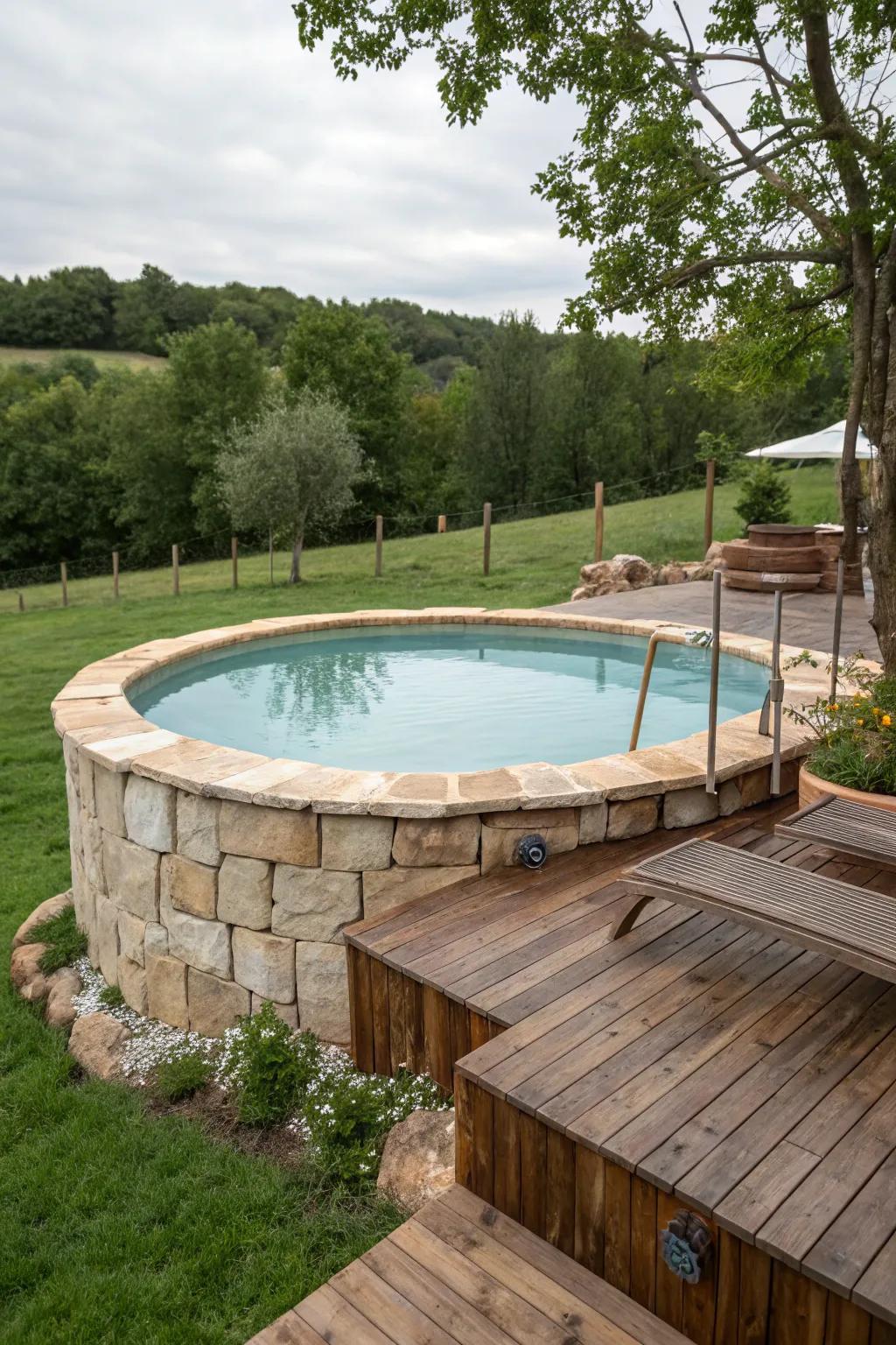 Country-style materials introduce warmth and charm to your pool.